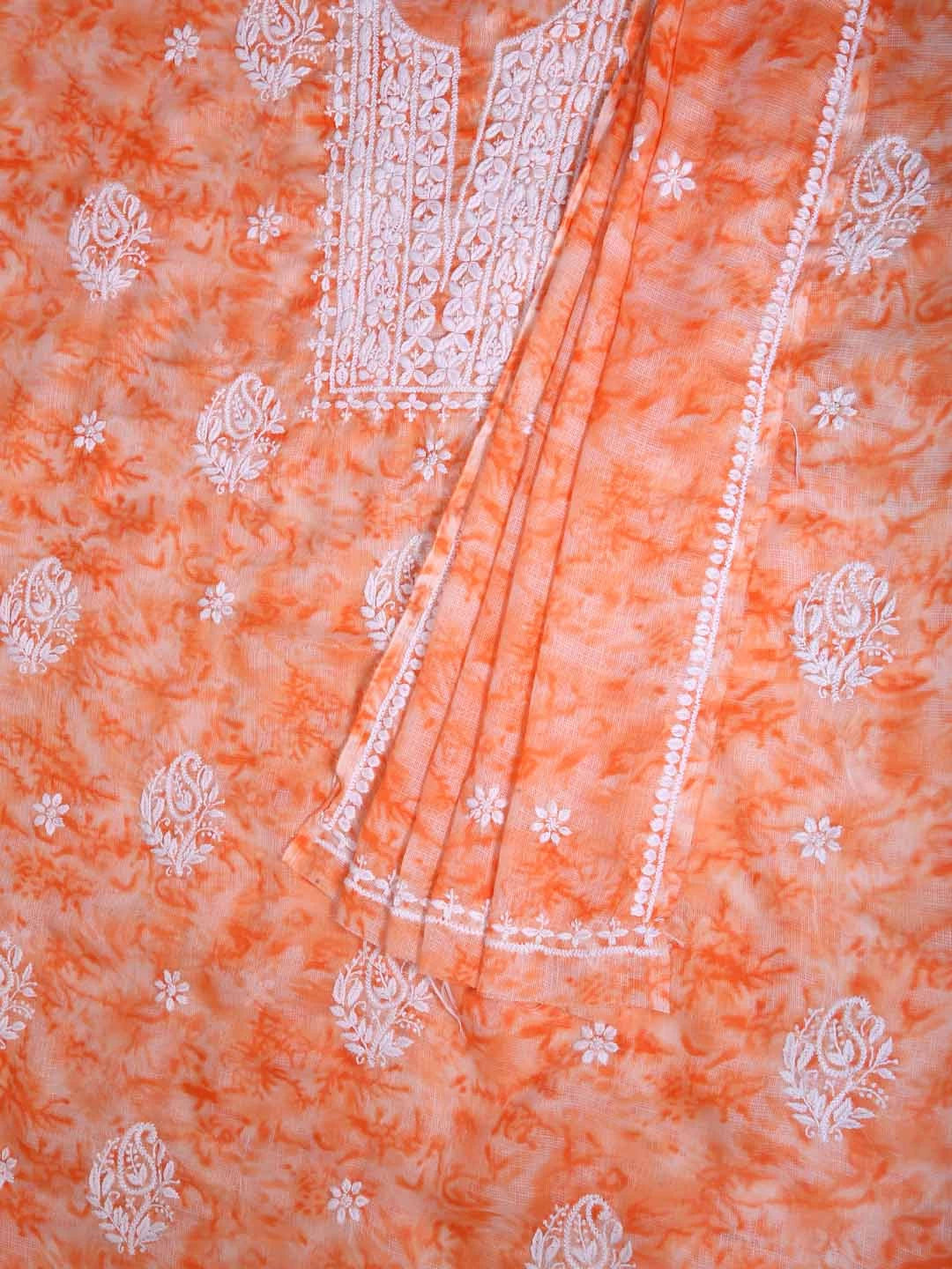 Ada Hand Embroidered Peach Kota Lucknowi Chikankari Unstitched Kurta Dupatta Set 01A389472