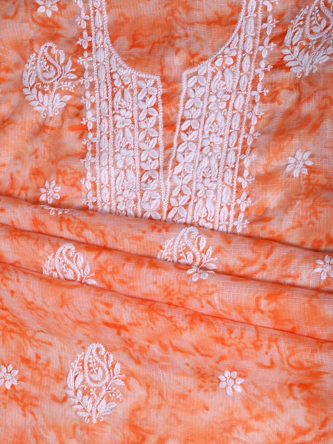 Ada Hand Embroidered Peach Kota Lucknowi Chikankari Unstitched Kurta Dupatta Set 01A389472
