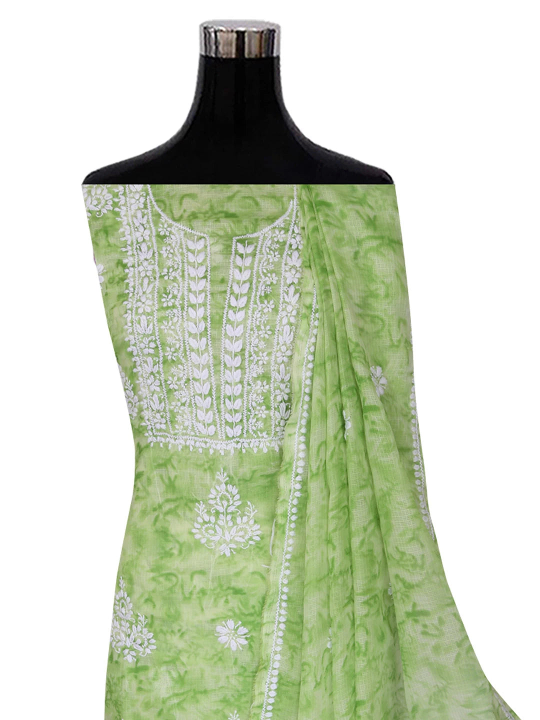 Ada Hand Embroidered Green Kota Lucknowi Chikankari Unstitched Kurta Dupatta Set 01A389454