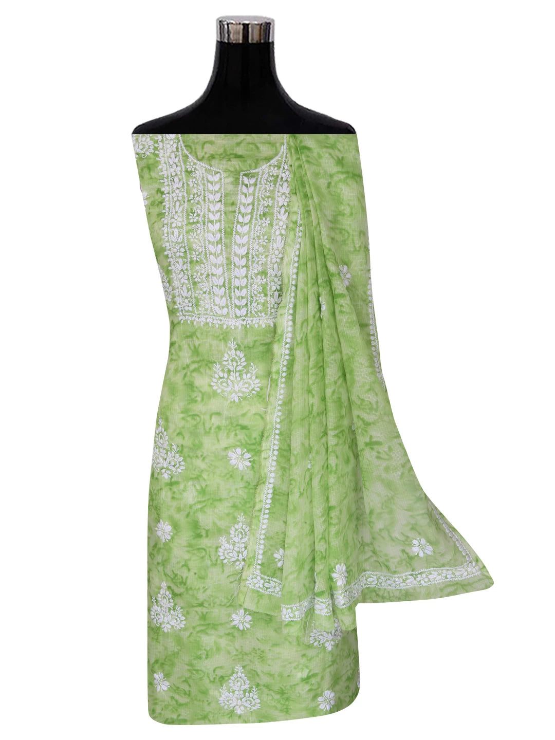 Ada Hand Embroidered Green Kota Lucknowi Chikankari Unstitched Kurta Dupatta Set 01A389454