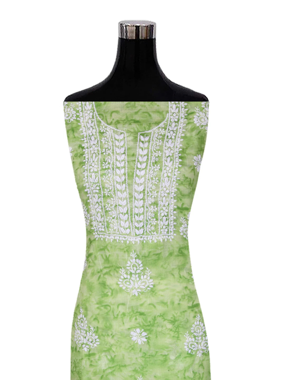 Ada Hand Embroidered Green Kota Lucknowi Chikankari Unstitched Kurta Dupatta Set 01A389454