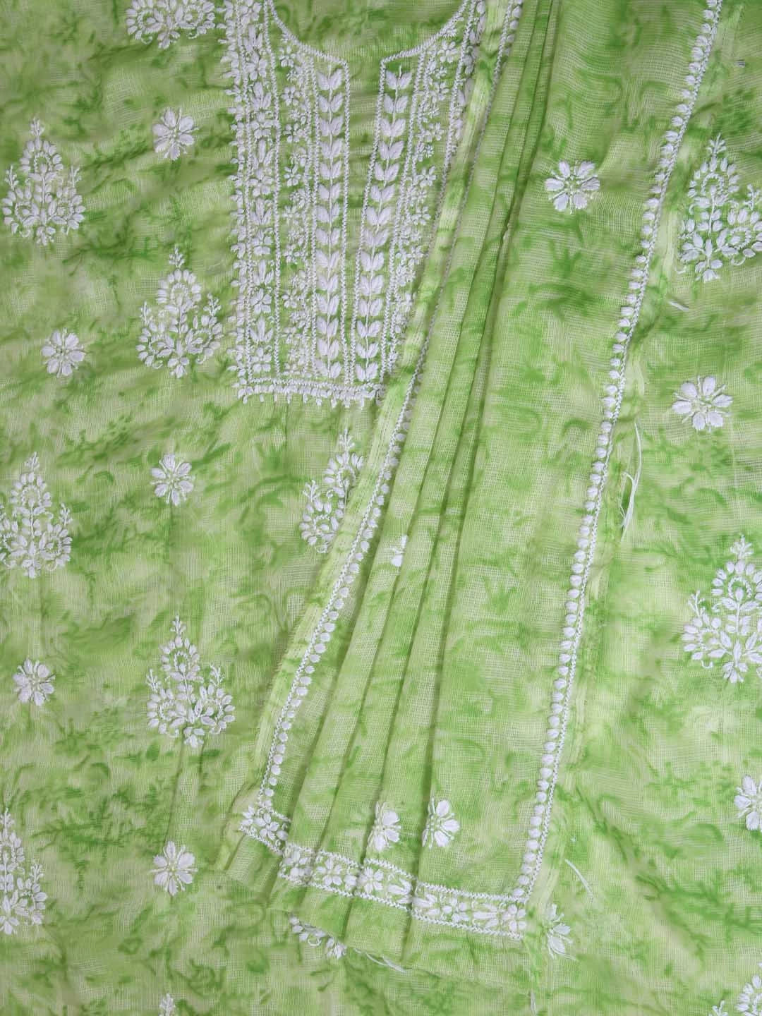 Ada Hand Embroidered Green Kota Lucknowi Chikankari Unstitched Kurta Dupatta Set 01A389454