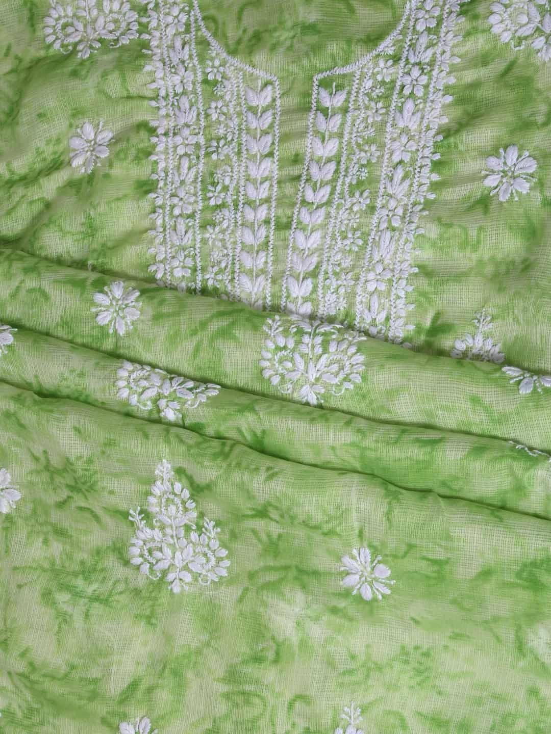 Ada Hand Embroidered Green Kota Lucknowi Chikankari Unstitched Kurta Dupatta Set 01A389454