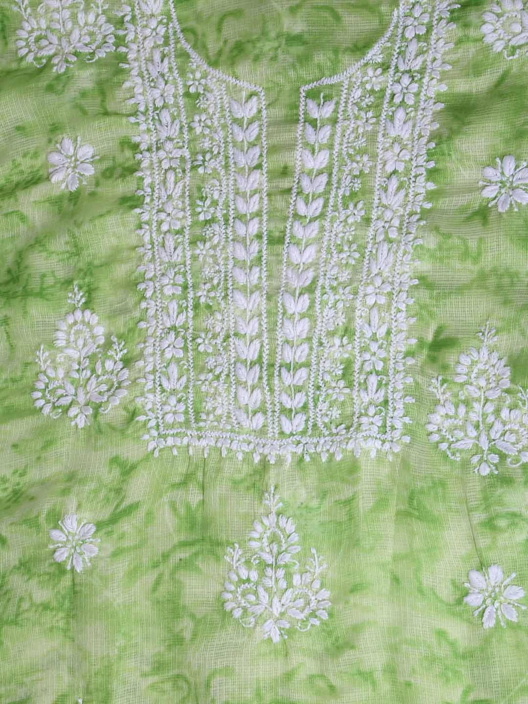 Ada Hand Embroidered Green Kota Lucknowi Chikankari Unstitched Kurta Dupatta Set 01A389454
