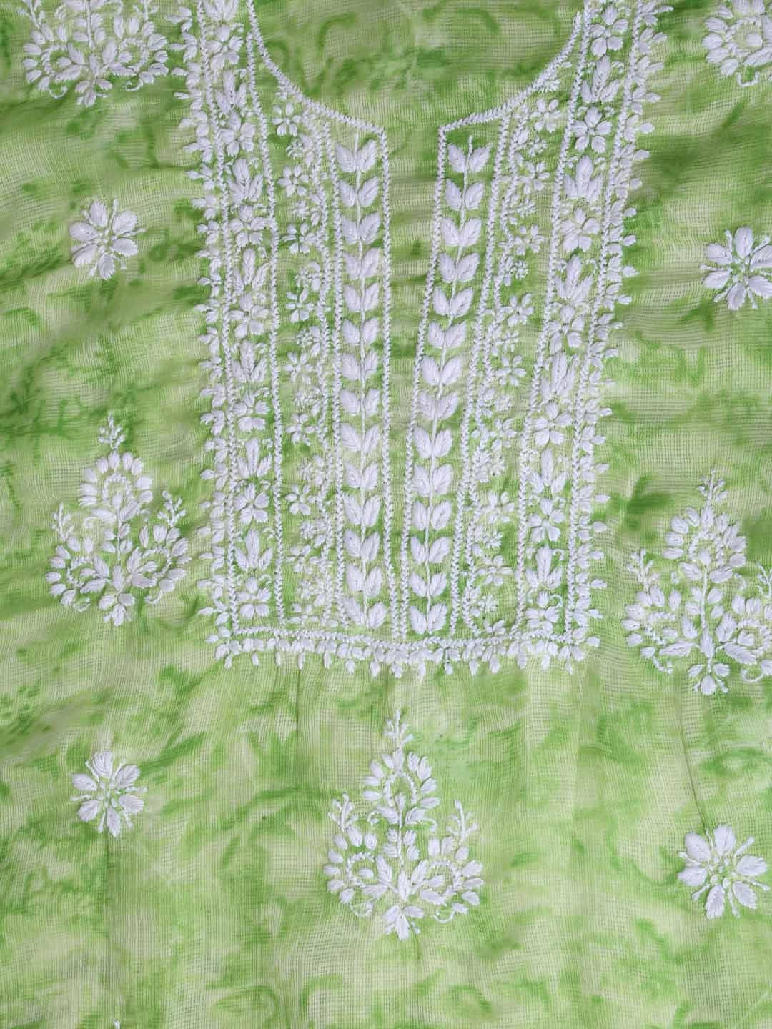 Ada Hand Embroidered Green Kota Lucknowi Chikankari Unstitched Kurta Dupatta Set 01A389454