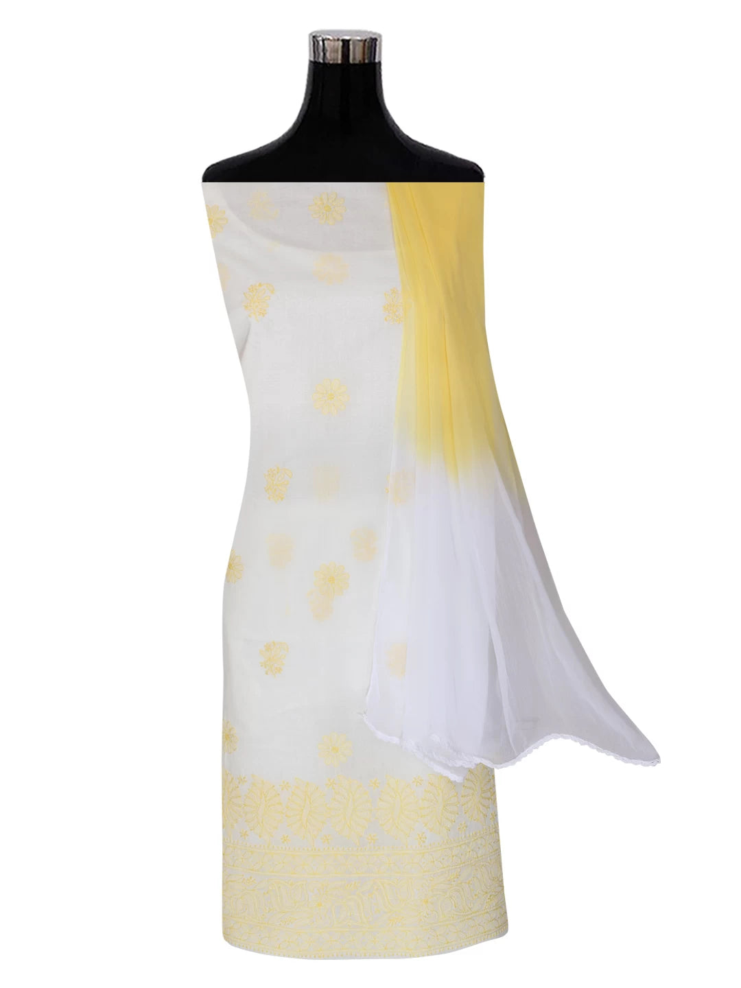 Ada Hand Embroidered Cream Cotton Lucknowi Chikankari Unstitched Suit Piece 01A393609