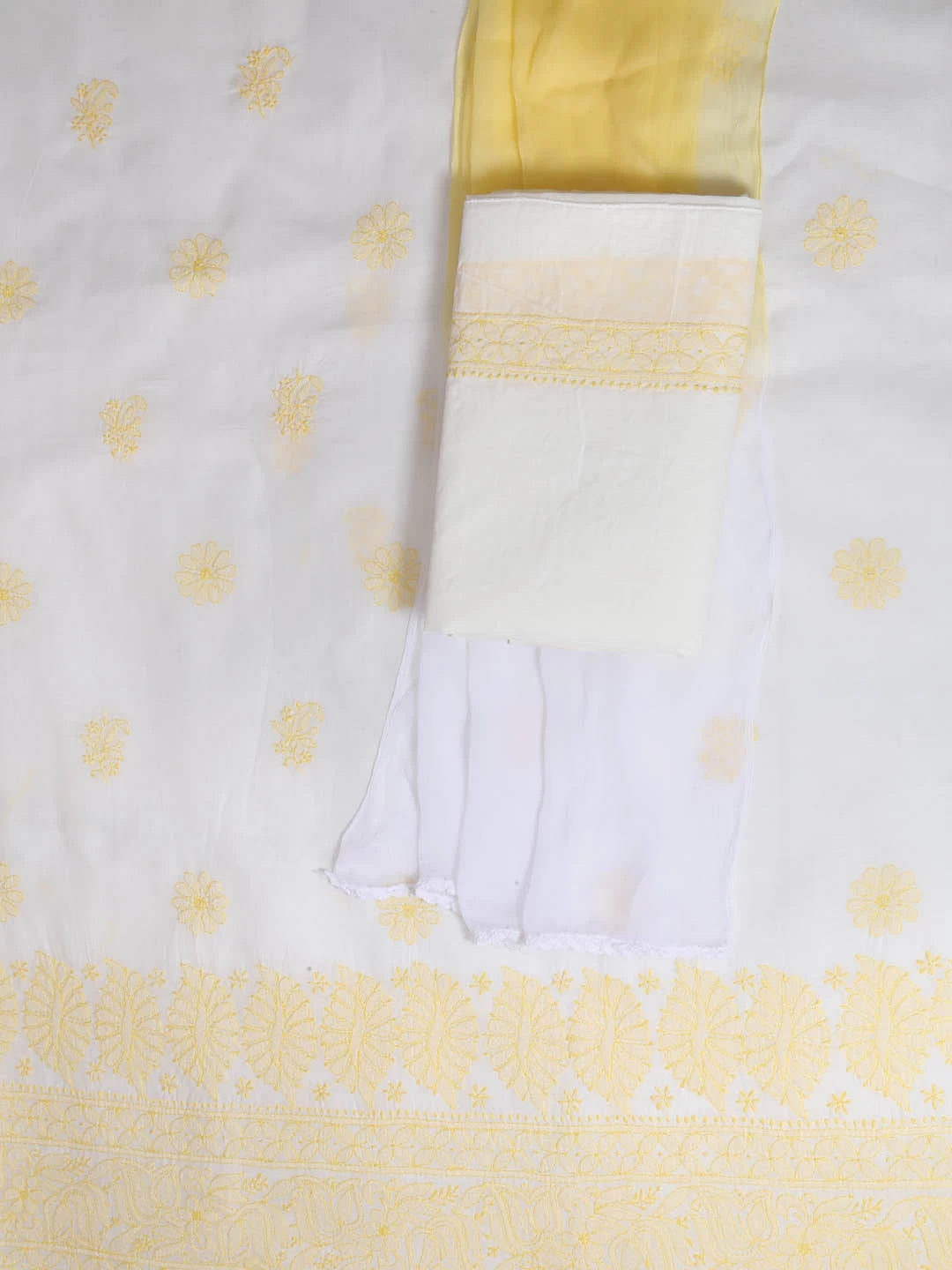 Ada Hand Embroidered Cream Cotton Lucknowi Chikankari Unstitched Suit Piece 01A393609