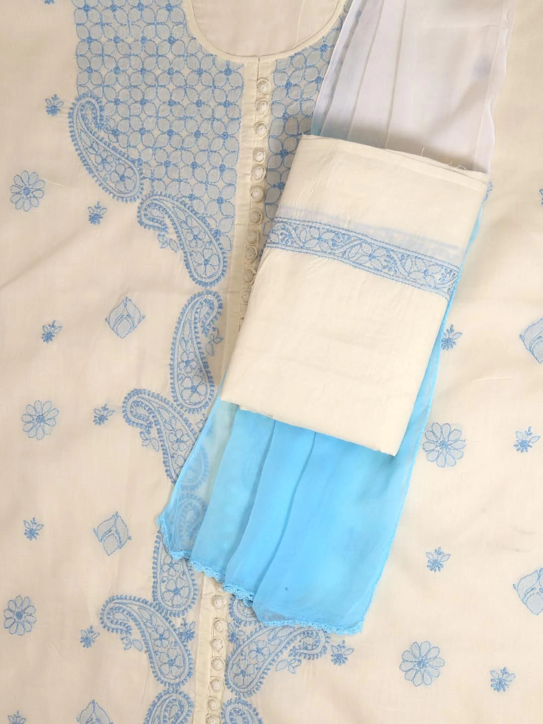 Ada Hand Embroidered Cream Cotton Lucknowi Chikankari Unstitched Suit Piece 01A393496