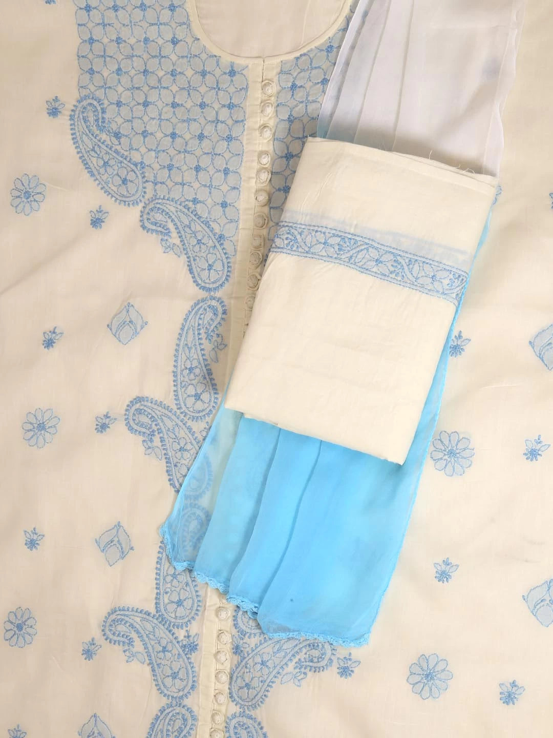 Ada Hand Embroidered Cream Cotton Lucknowi Chikankari Unstitched Suit Piece 01A393496