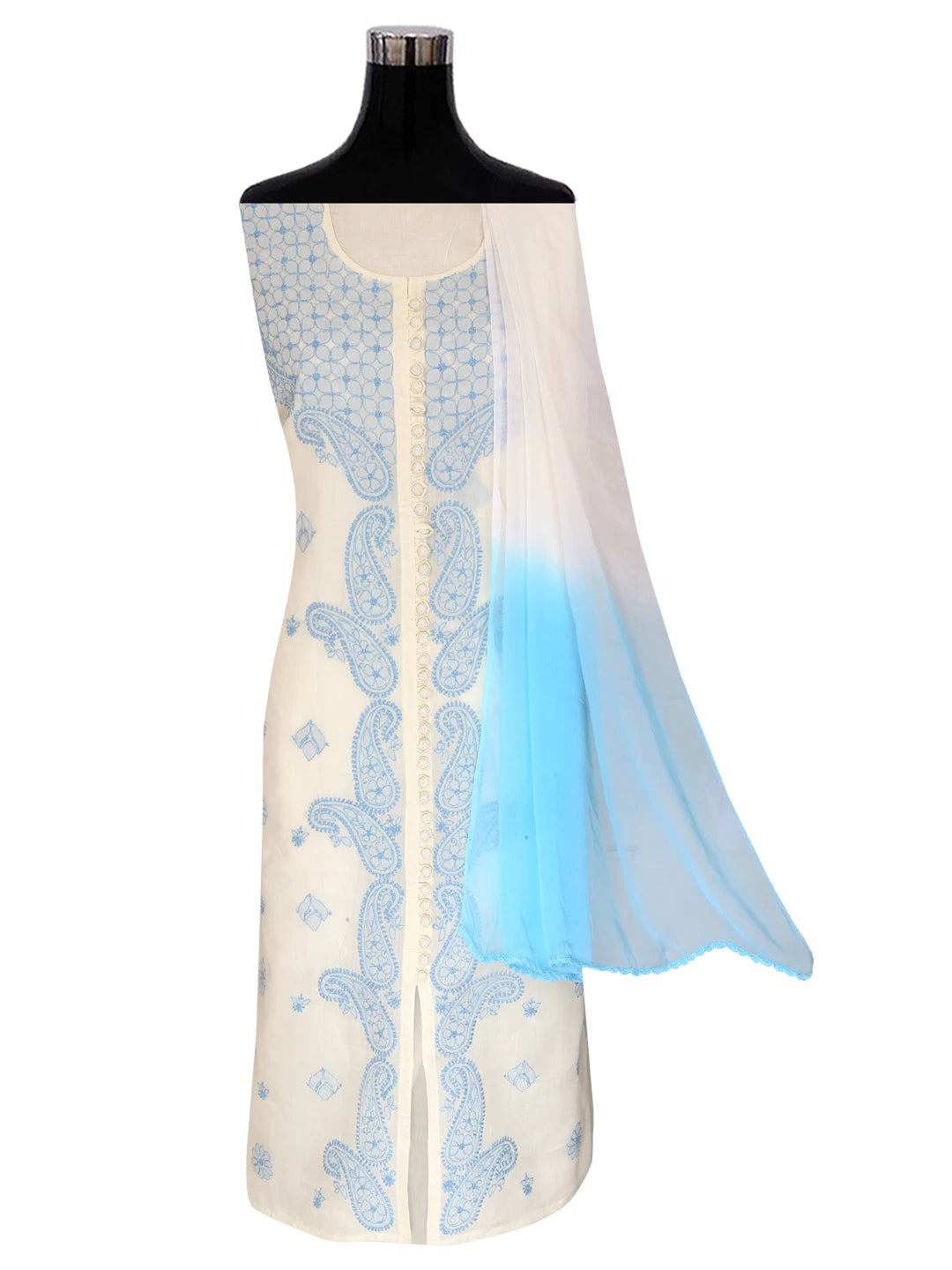 Ada Hand Embroidered Cream Cotton Lucknowi Chikankari Unstitched Suit Piece 01A393496