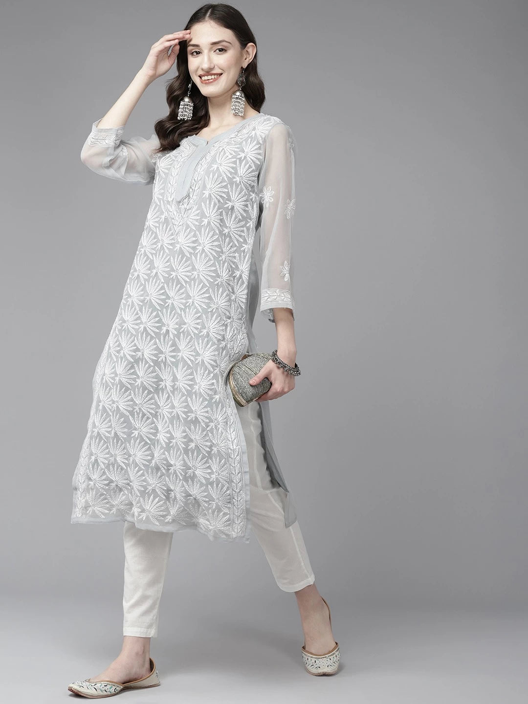 Ada Hand Embroidered Grey Georgette Lucknowi Chikankari Straight Kurta With Slip A411473