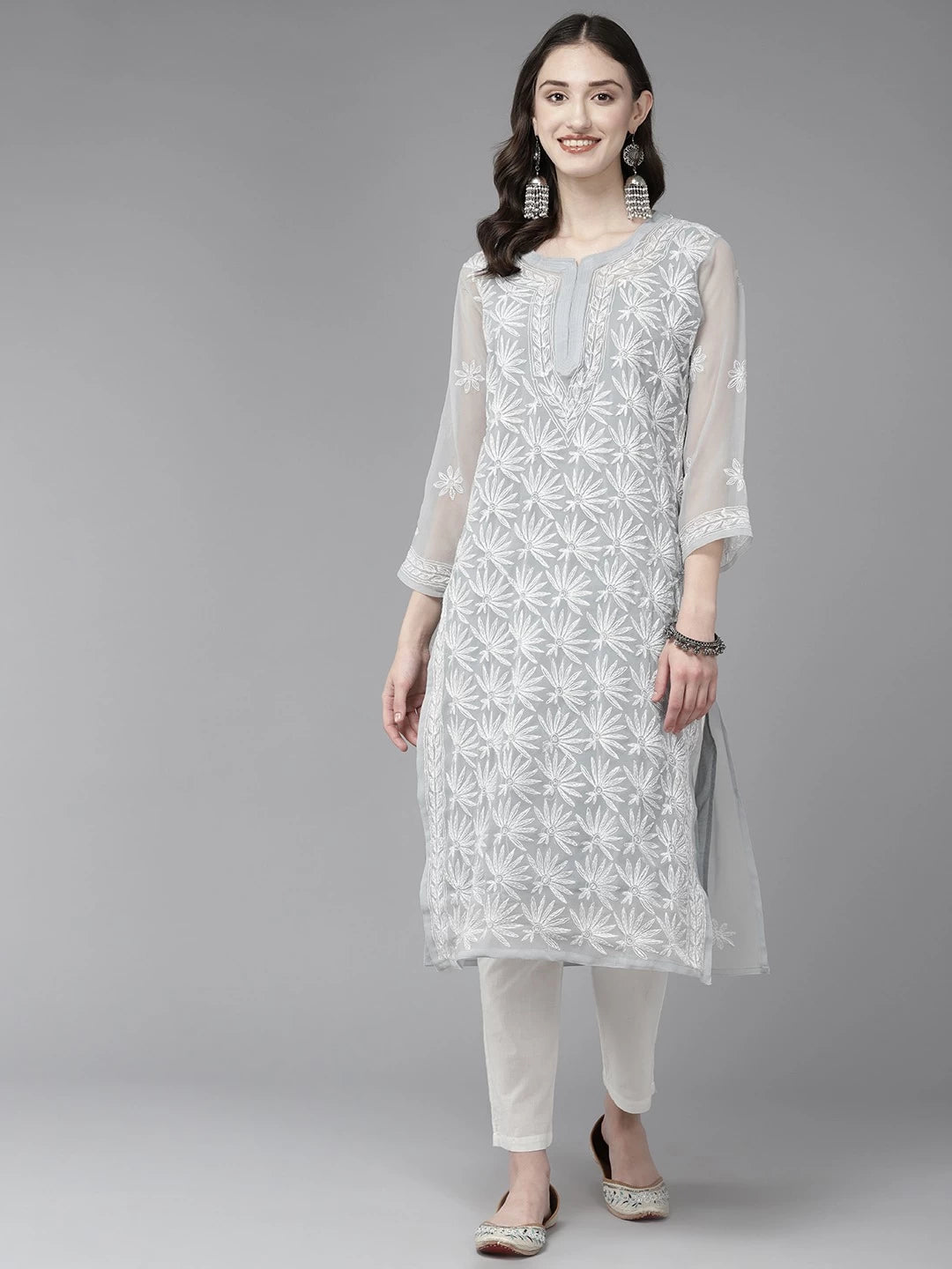 Ada Hand Embroidered Grey Georgette Lucknowi Chikankari Straight Kurta With Slip A411473