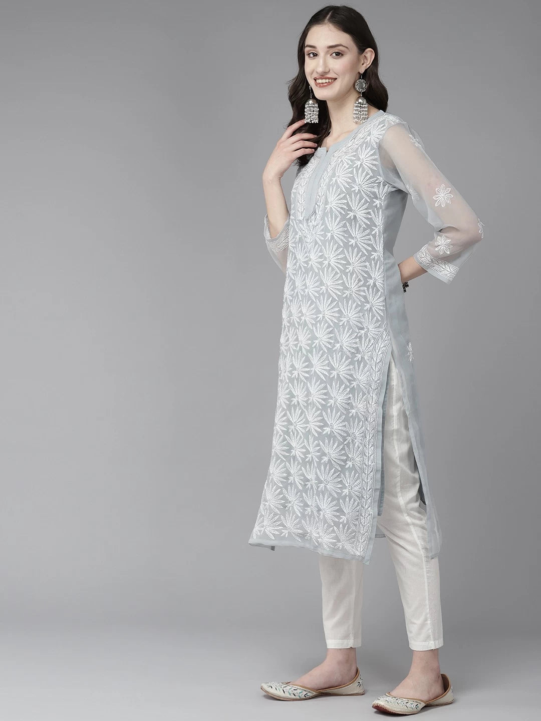 Ada Hand Embroidered Grey Georgette Lucknowi Chikankari Straight Kurta With Slip A411473