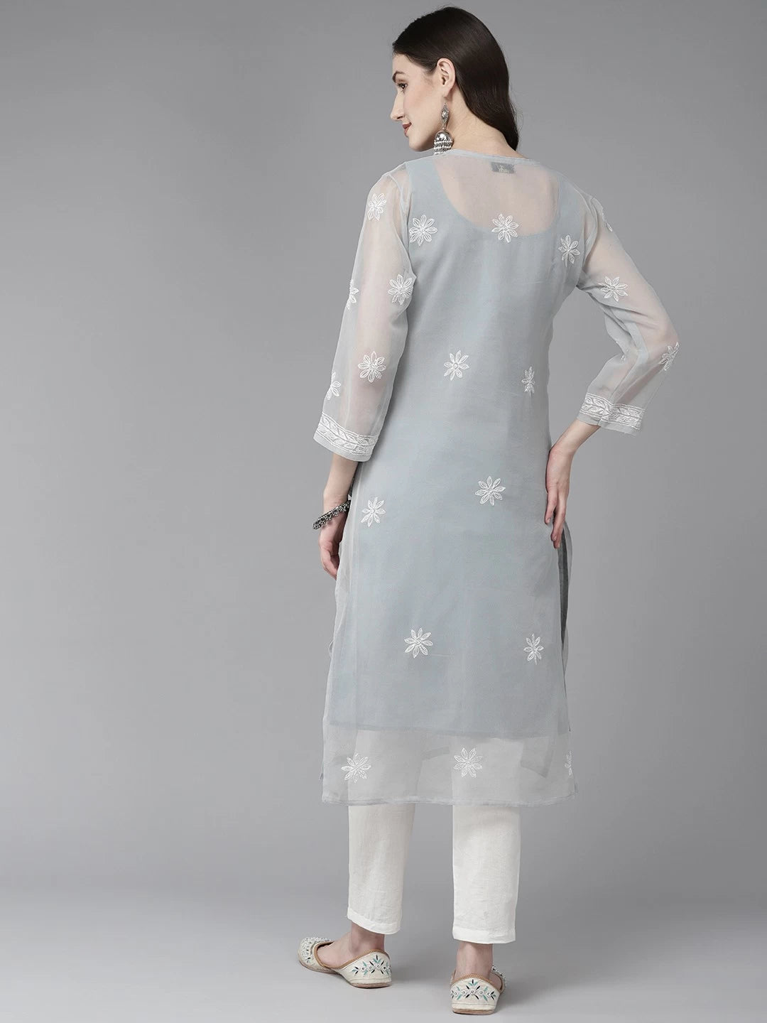 Ada Hand Embroidered Grey Georgette Lucknowi Chikankari Straight Kurta With Slip A411473