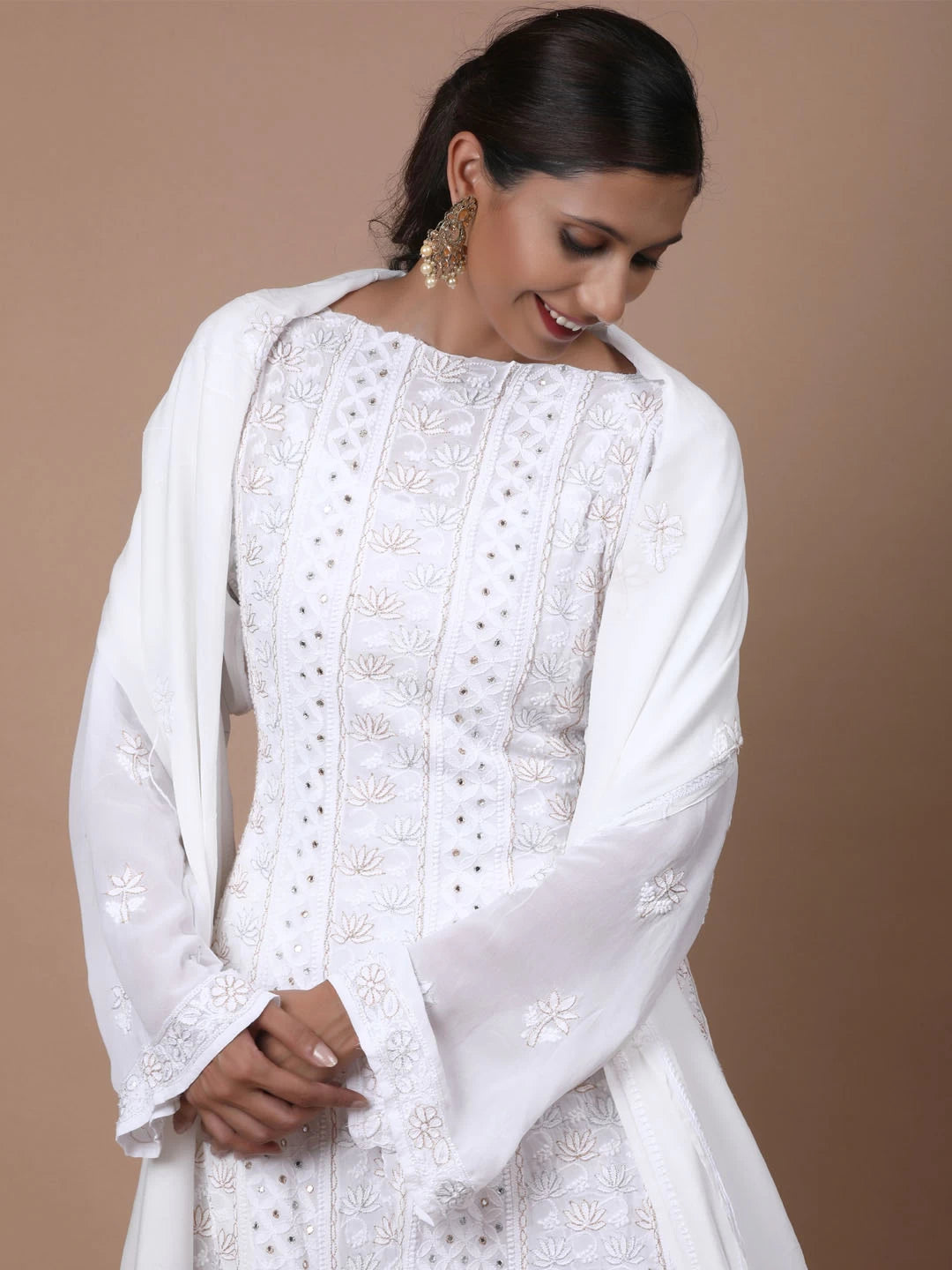 Ada Hand Embroidered White Pure Georgette Lucknowi Chikankari Semi-Stitched Anarkali Kurta Dupatta Set With Mirror Work 01A196251