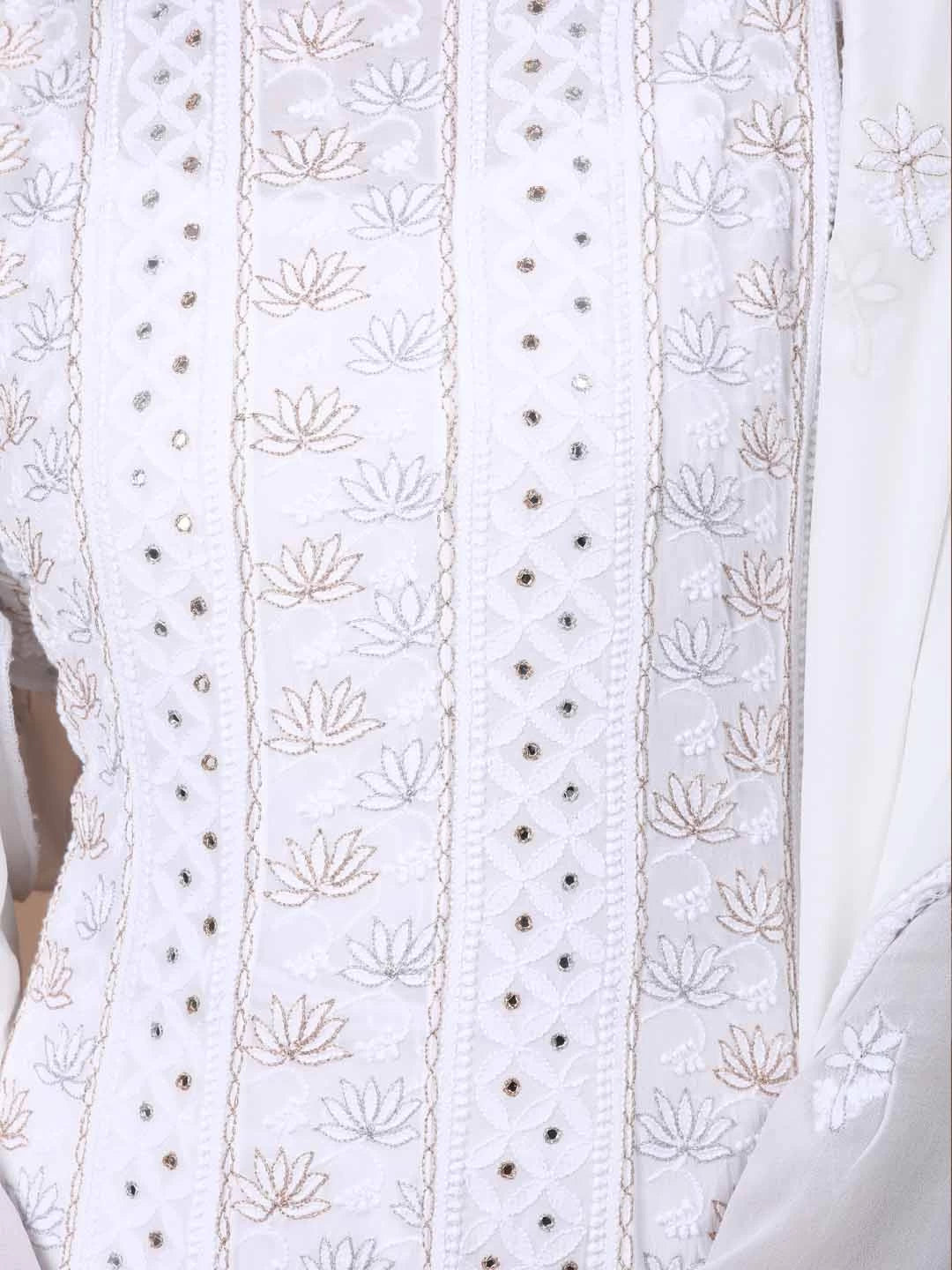 Ada Hand Embroidered White Pure Georgette Lucknowi Chikankari Semi-Stitched Anarkali Kurta Dupatta Set With Mirror Work 01A196251