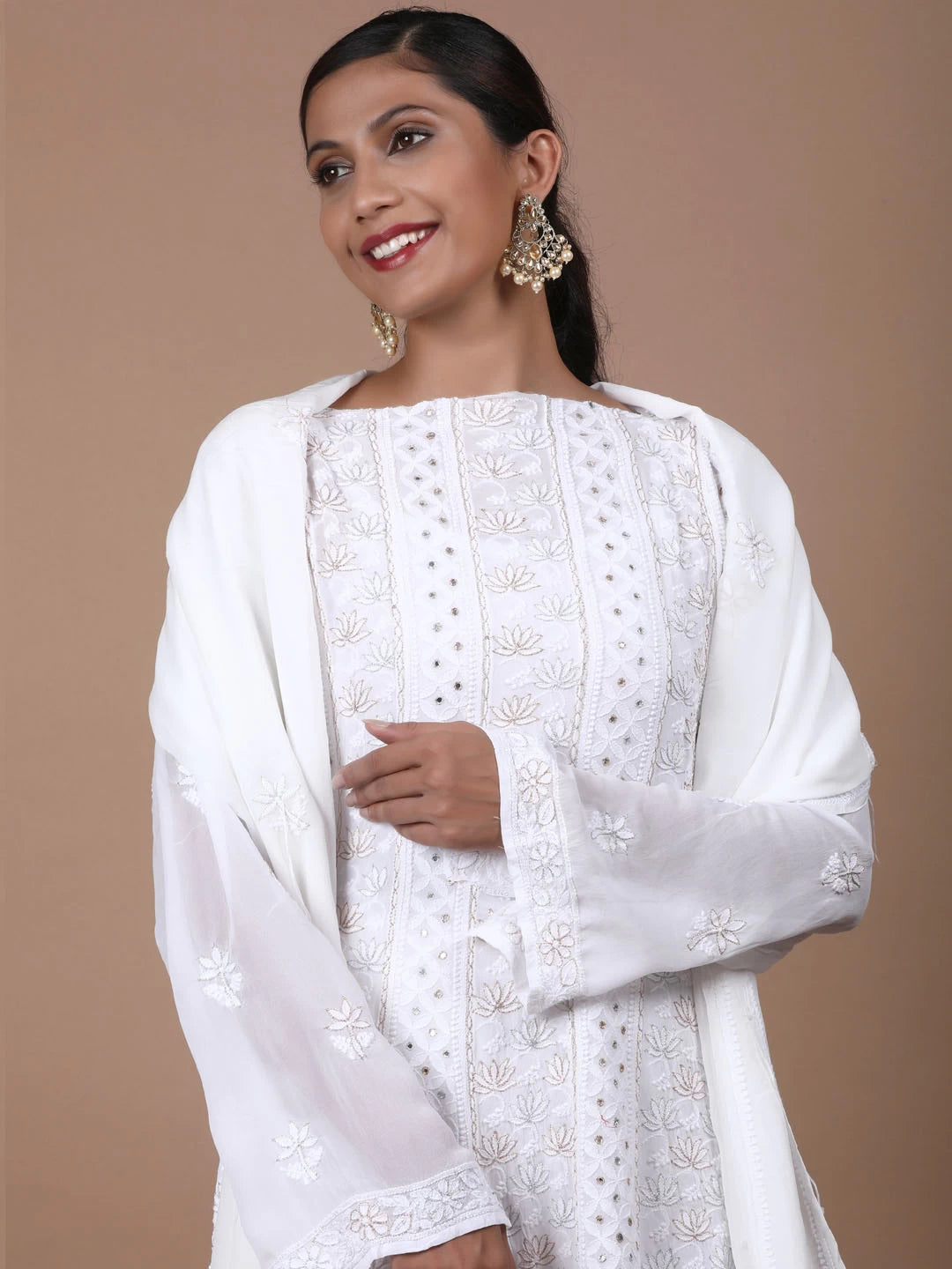 Ada Hand Embroidered White Pure Georgette Lucknowi Chikankari Semi-Stitched Anarkali Kurta Dupatta Set With Mirror Work 01A196251