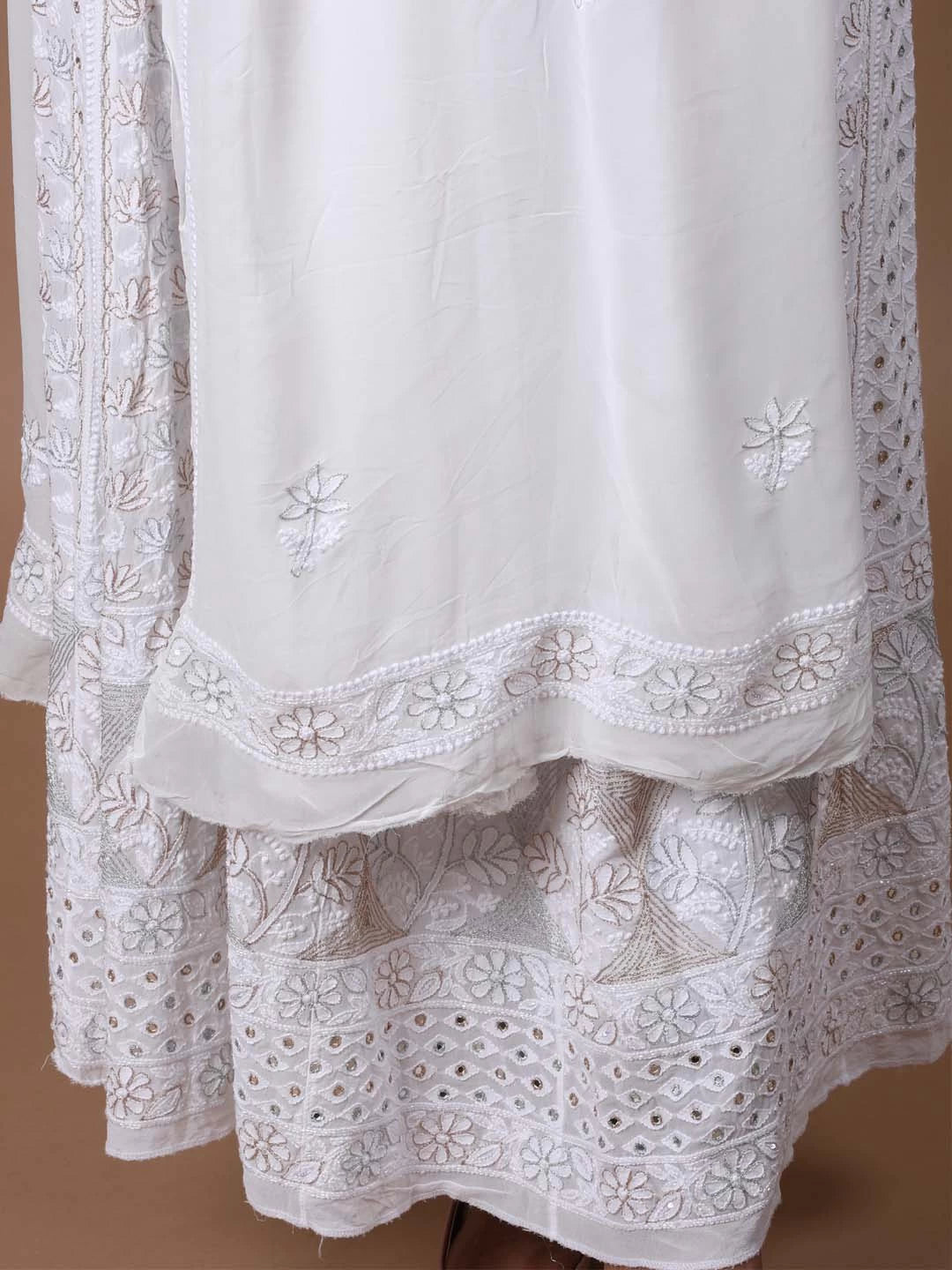 Ada Hand Embroidered White Pure Georgette Lucknowi Chikankari Semi-Stitched Anarkali Kurta Dupatta Set With Mirror Work 01A196251