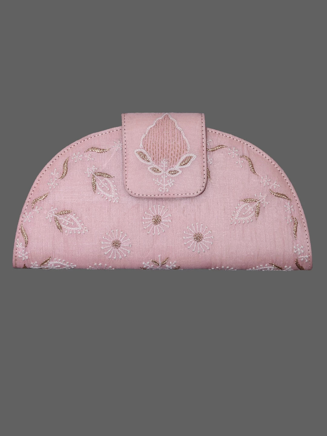 Ada Hand Embroidered Powder Pink Silk Lucknowi Chikankari Clutch With Zari Work 01A381890