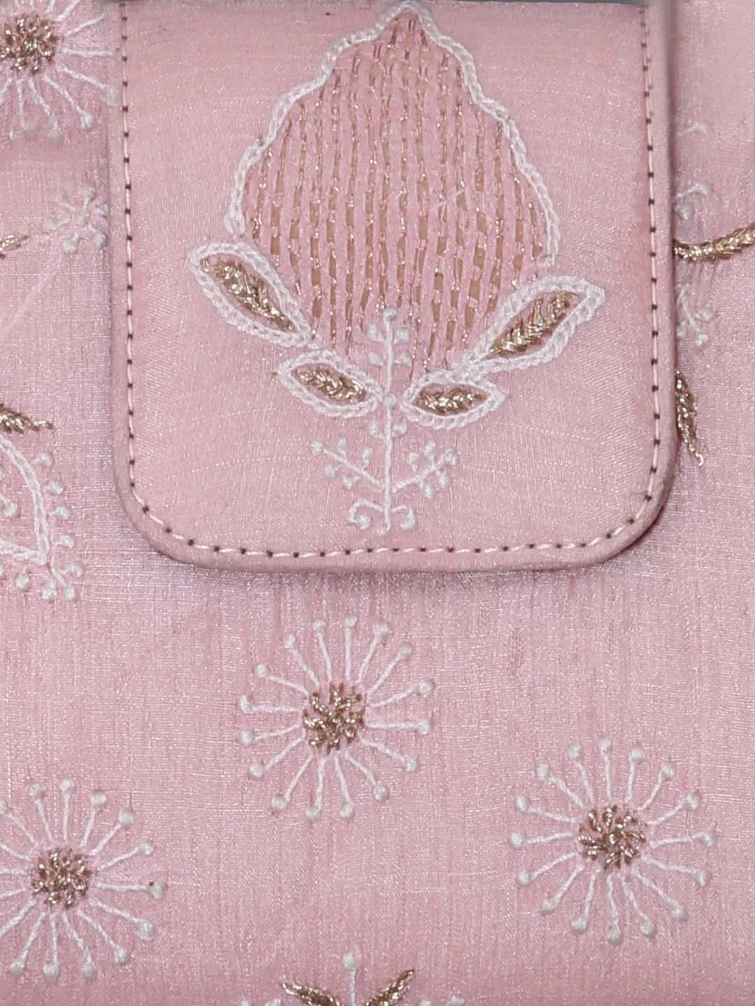Ada Hand Embroidered Powder Pink Silk Lucknowi Chikankari Clutch With Zari Work 01A381890