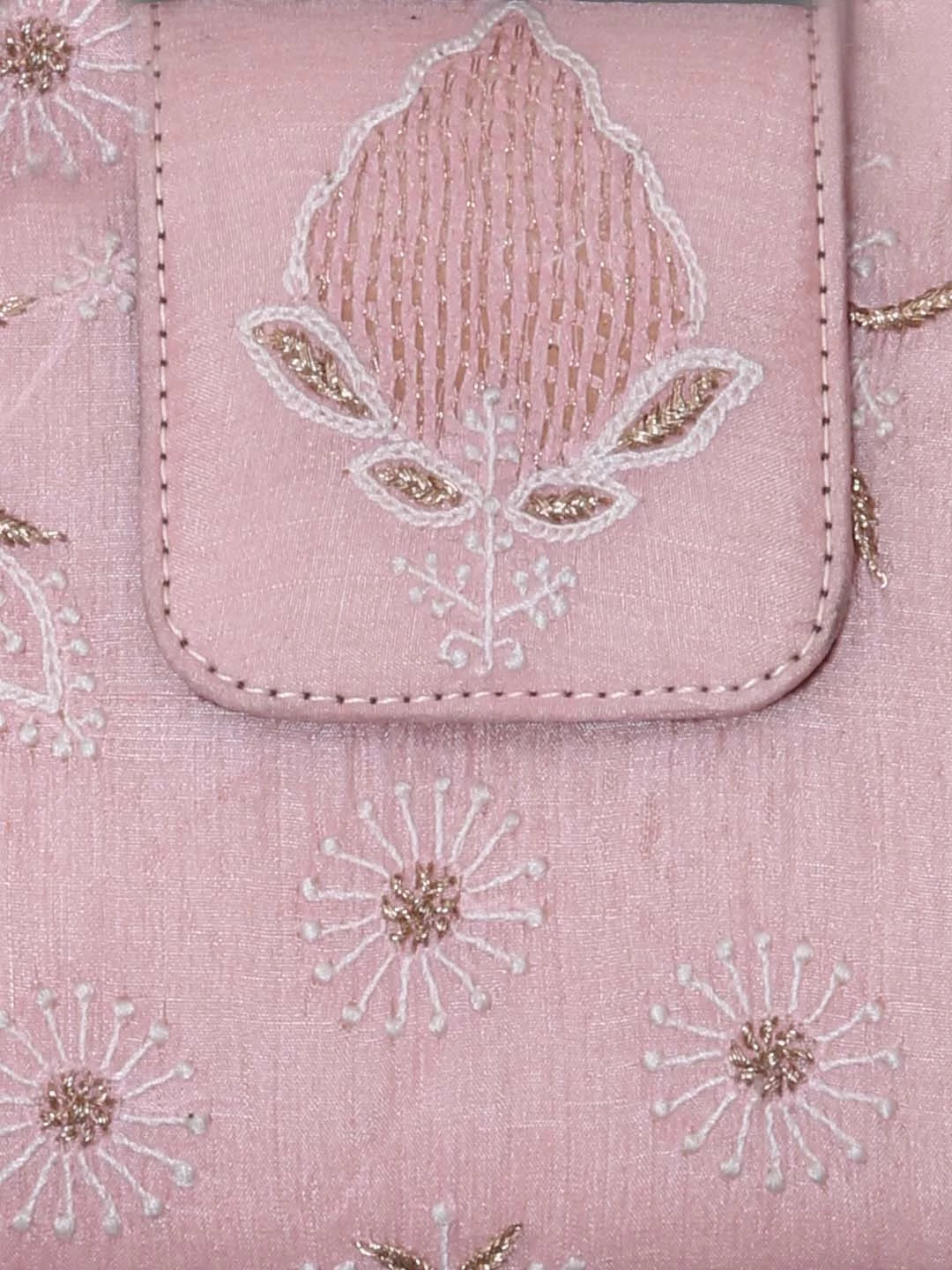 Ada Hand Embroidered Powder Pink Silk Lucknowi Chikankari Clutch With Zari Work 01A381890