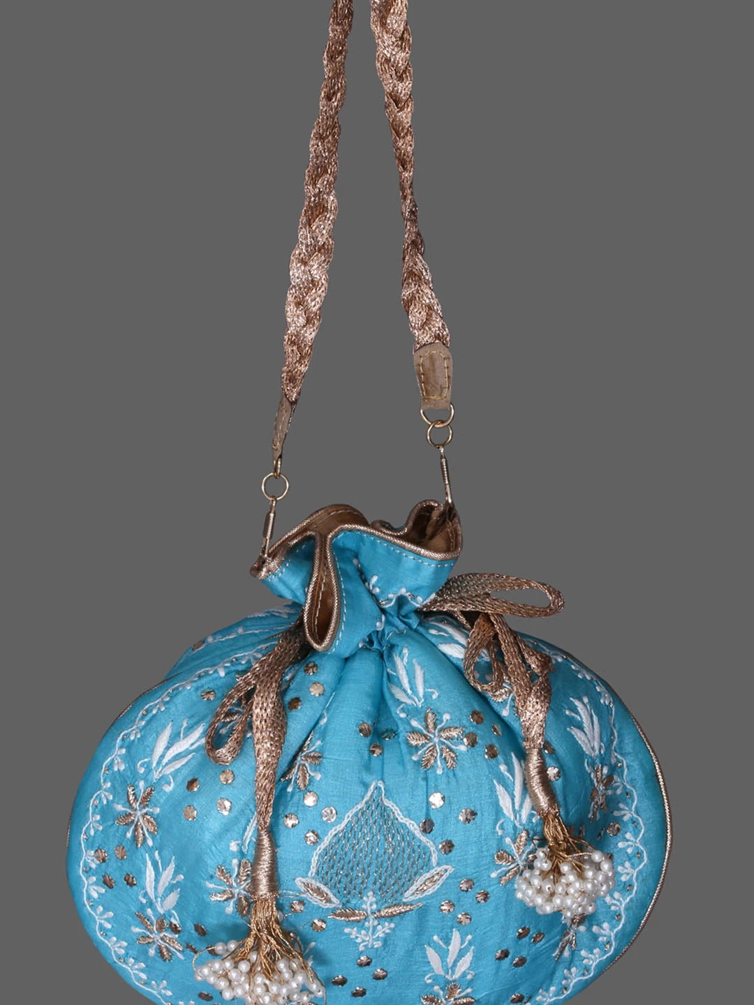 Ada Hand Embroidered Blue Silk Lucknowi Chikankari Potli Bag With Muqaish Work 01A393632