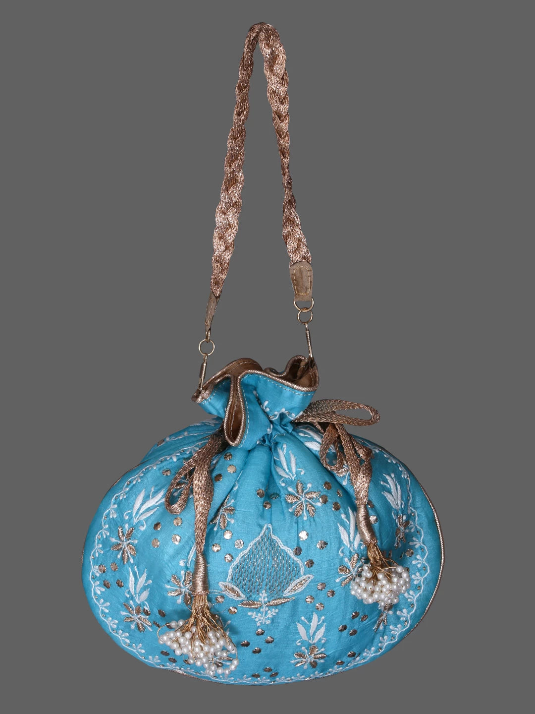 Ada Hand Embroidered Blue Silk Lucknowi Chikankari Potli Bag With Muqaish Work 01A393632