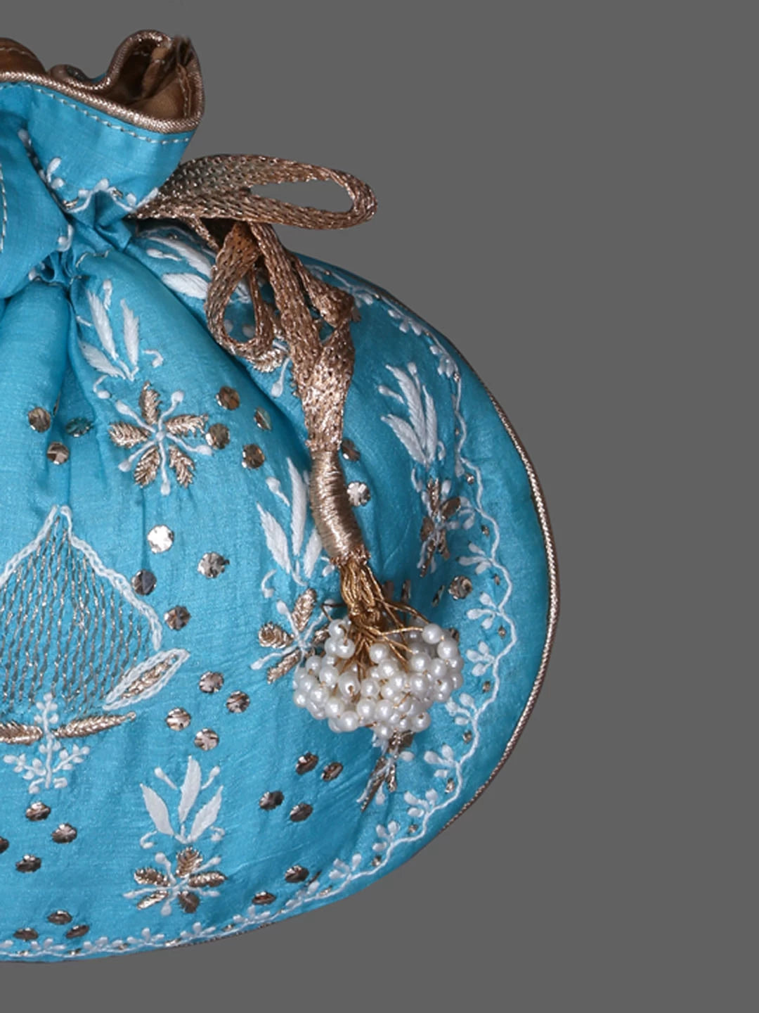 Ada Hand Embroidered Blue Silk Lucknowi Chikankari Potli Bag With Muqaish Work 01A393632