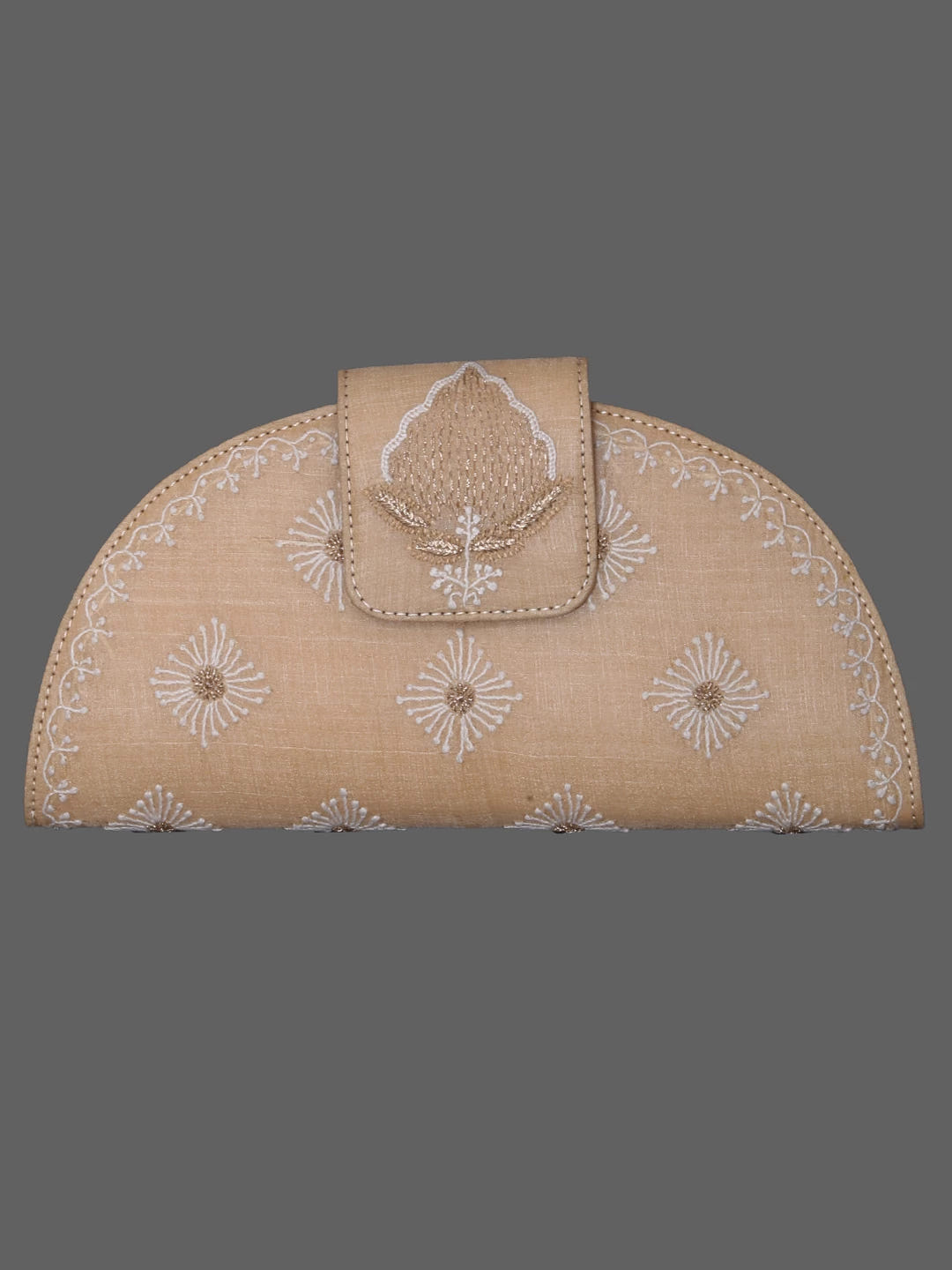 Ada Hand Embroidered Fawn Silk Lucknowi Chikankari Clutch Box With Zari Work 01A381894