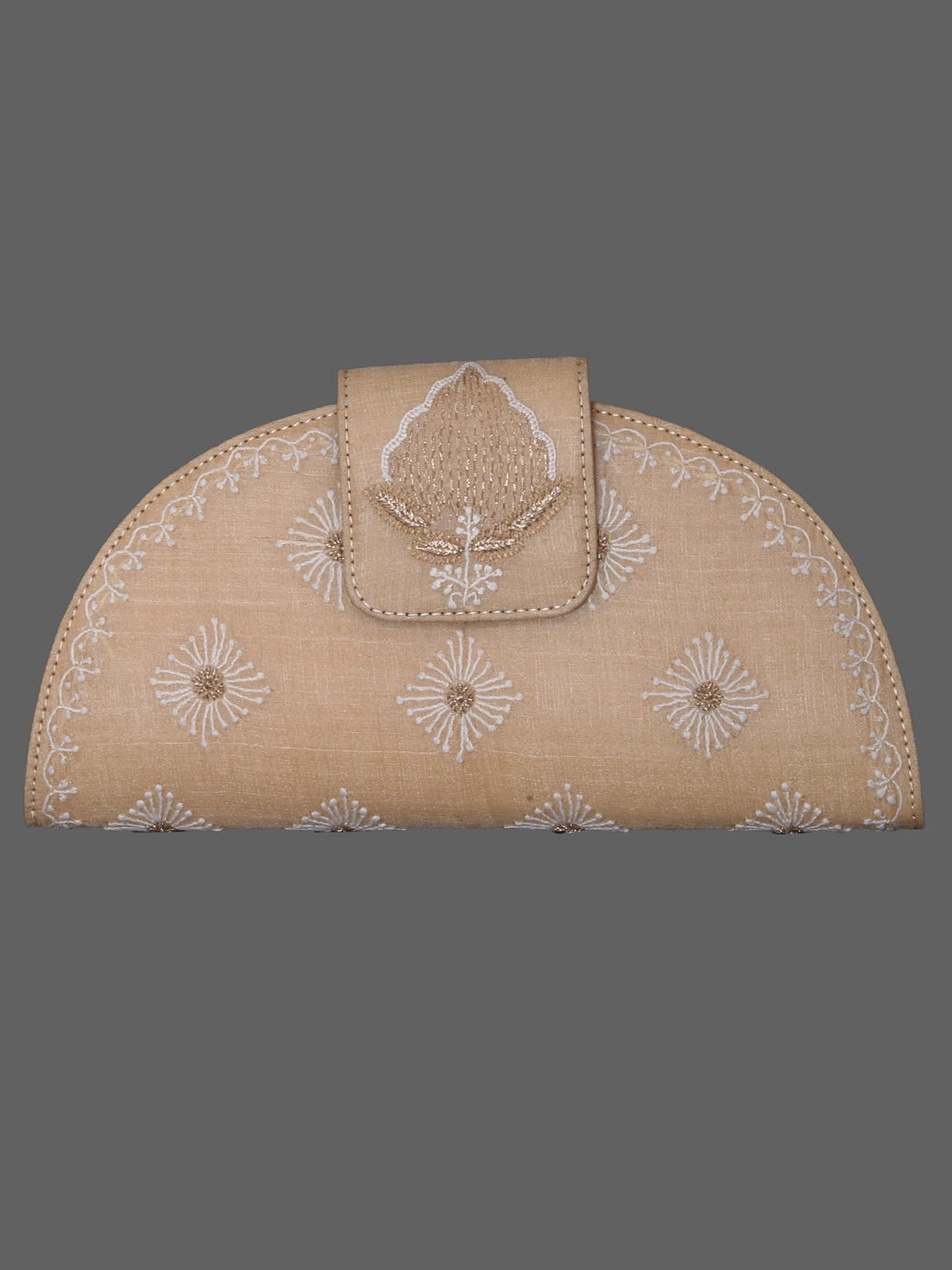 Ada Hand Embroidered Fawn Silk Lucknowi Chikankari Clutch Box With Zari Work 01A381894