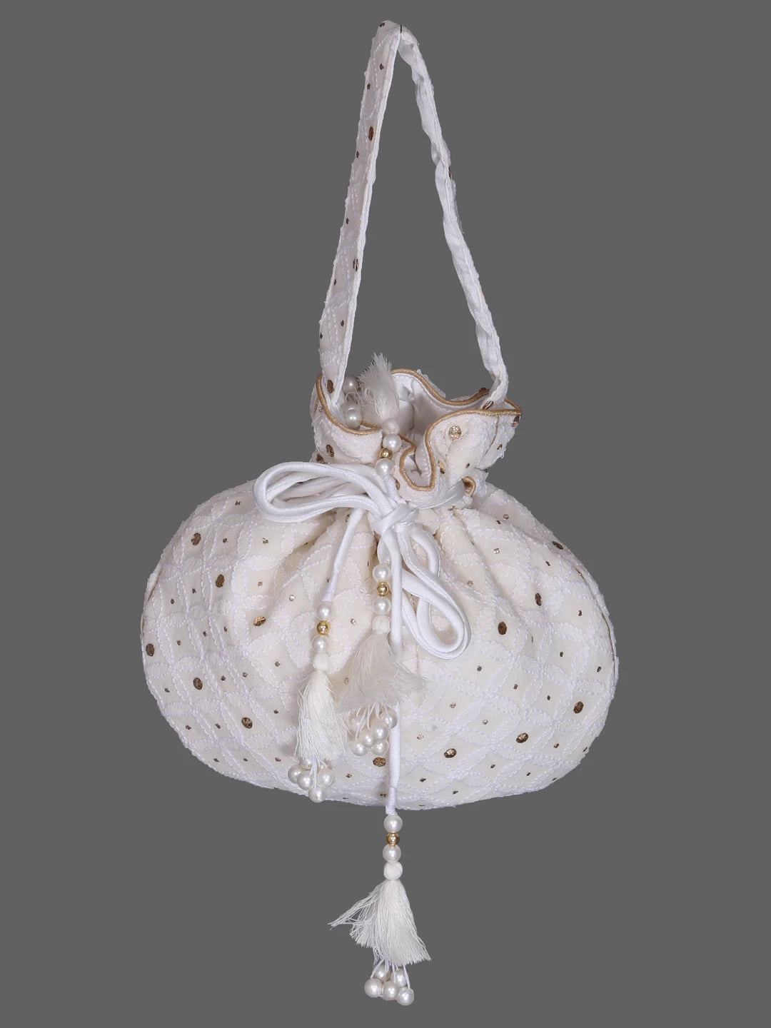 Ada Hand Embroidered White Pure Georgette Lucknowi Chikankari Potli Bag With Muqaish Work 01A381315