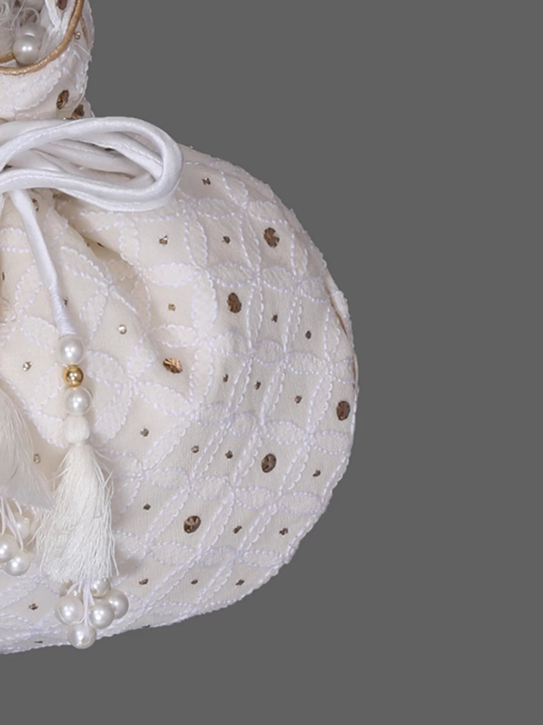 Ada Hand Embroidered White Pure Georgette Lucknowi Chikankari Potli Bag With Muqaish Work 01A381315