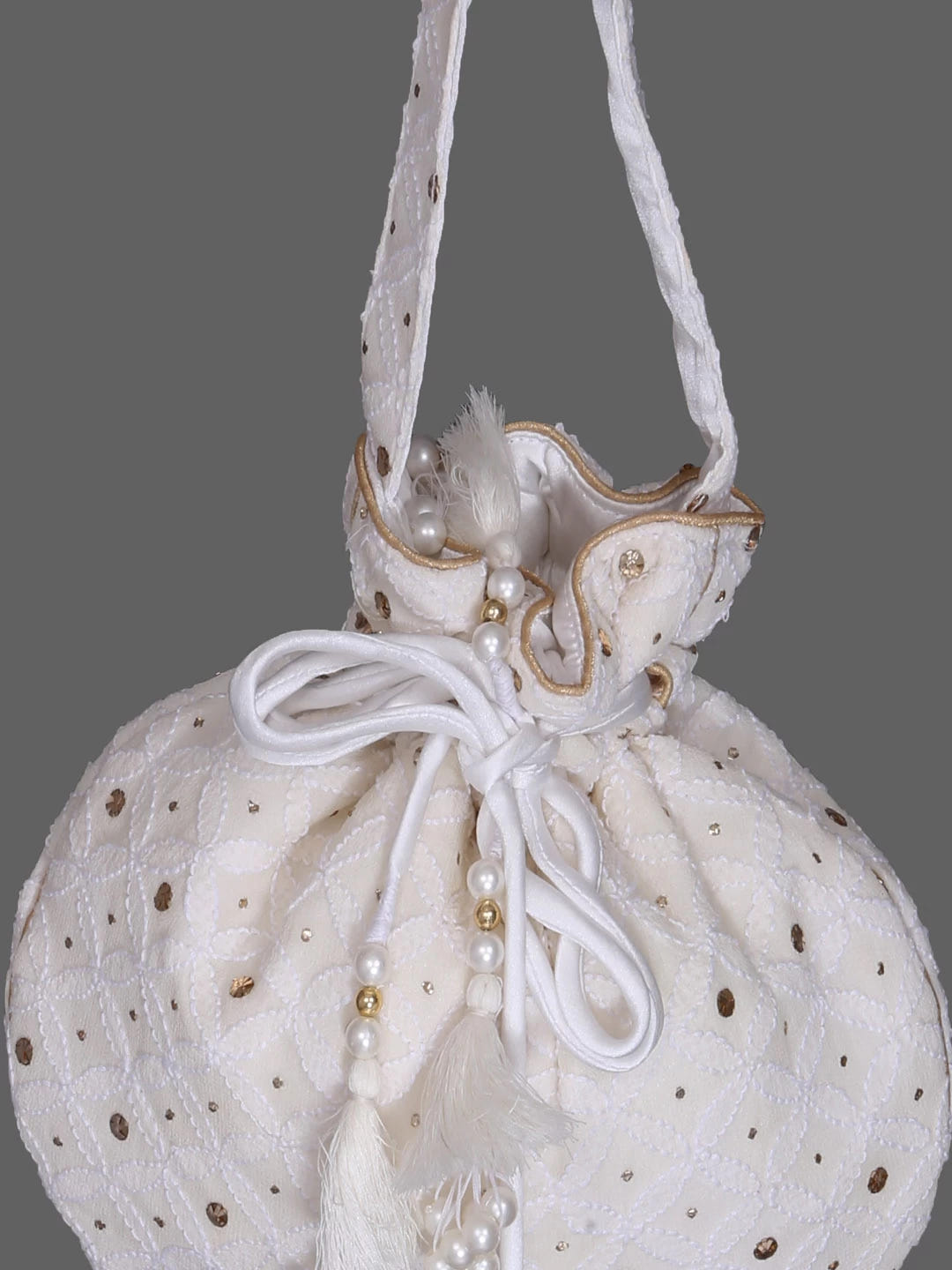 Ada Hand Embroidered White Pure Georgette Lucknowi Chikankari Potli Bag With Muqaish Work 01A381315