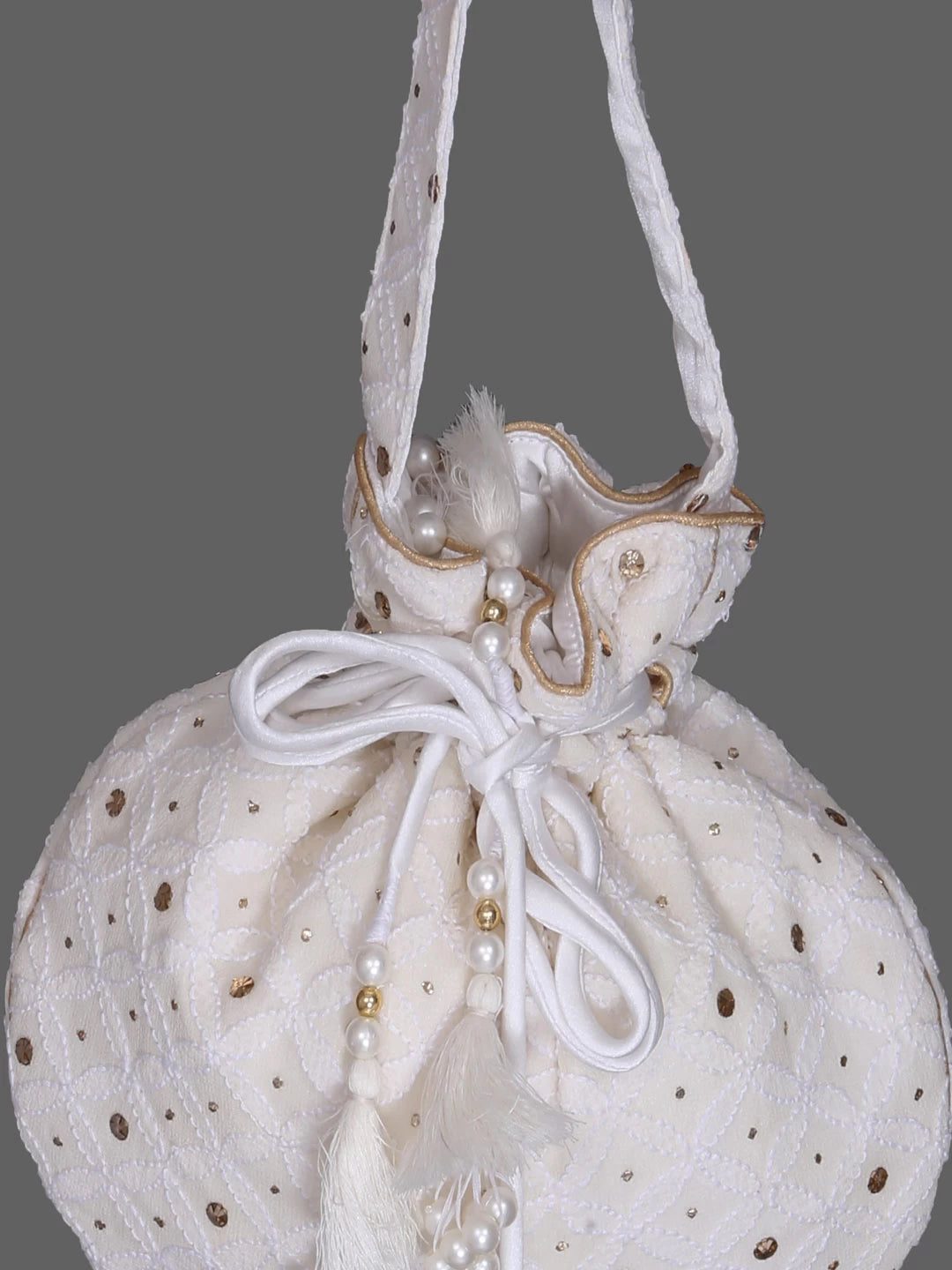 Ada Hand Embroidered White Pure Georgette Lucknowi Chikankari Potli Bag With Muqaish Work 01A381315