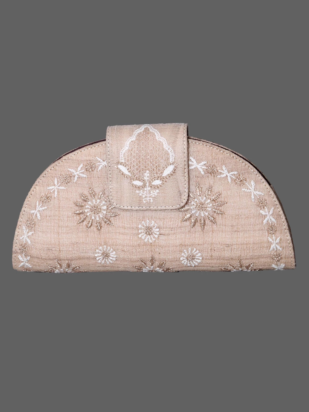 Ada Hand Embroidered Fawn Silk Lucknowi Chikankari Clutch Box With Zari Work 01A381897