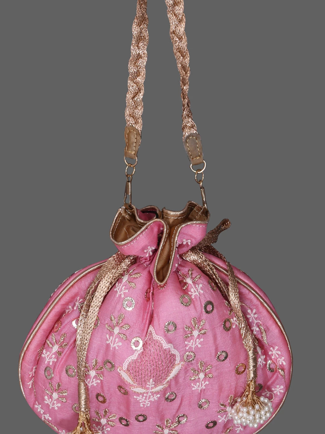 Ada Hand Embroidered Onion Pink Silk Lucknowi Chikankari Potli Bag With Muqaish Work 01A393630