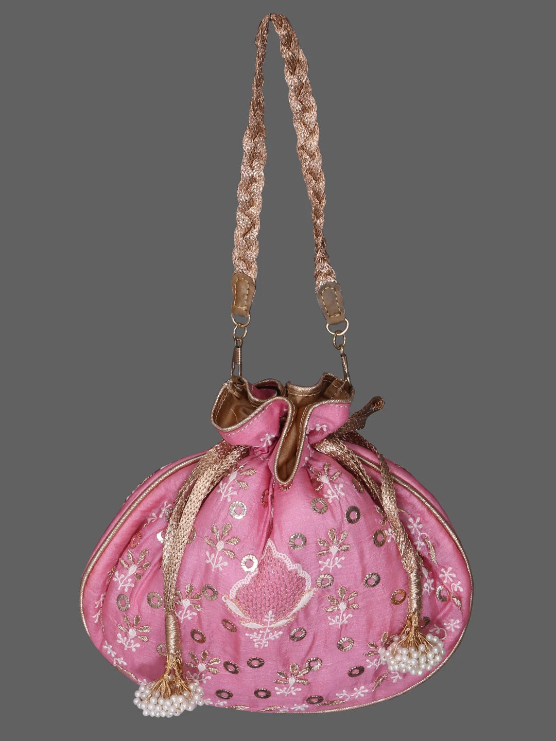 Ada Hand Embroidered Onion Pink Silk Lucknowi Chikankari Potli Bag With Muqaish Work 01A393630