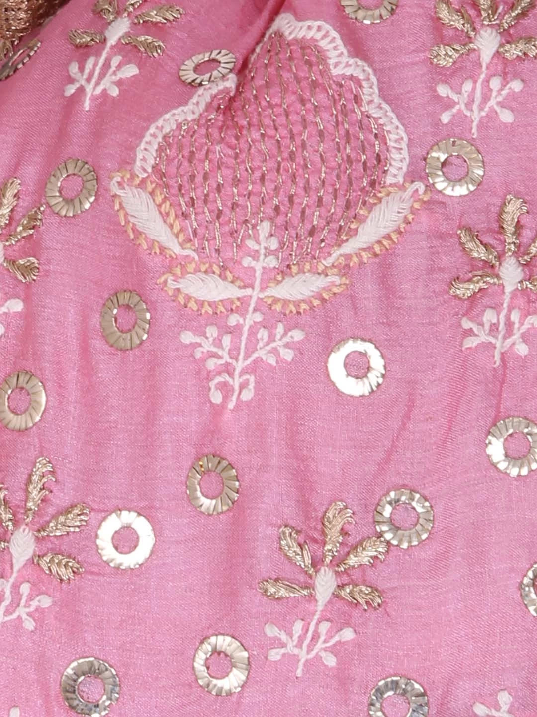 Ada Hand Embroidered Onion Pink Silk Lucknowi Chikankari Potli Bag With Muqaish Work 01A393630