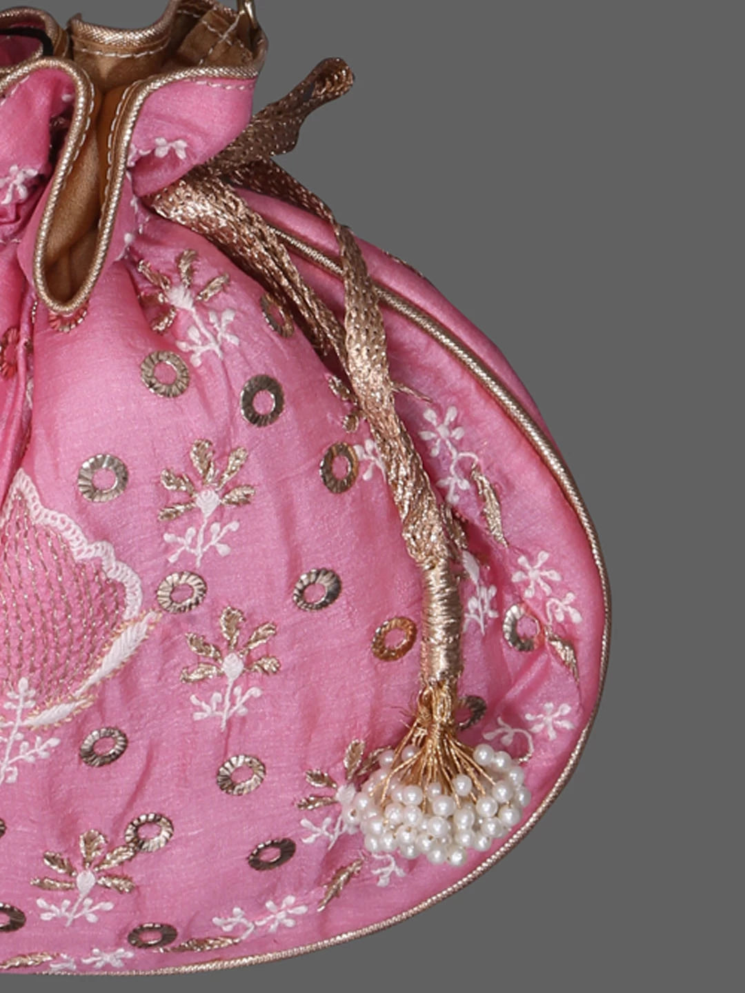 Ada Hand Embroidered Onion Pink Silk Lucknowi Chikankari Potli Bag With Muqaish Work 01A393630