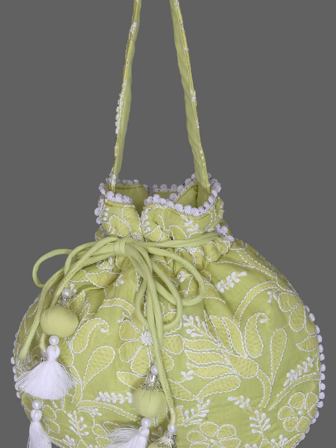 Ada Hand Embroidered Green Cotton Lucknowi Chikankari Potli Bag 01A381311