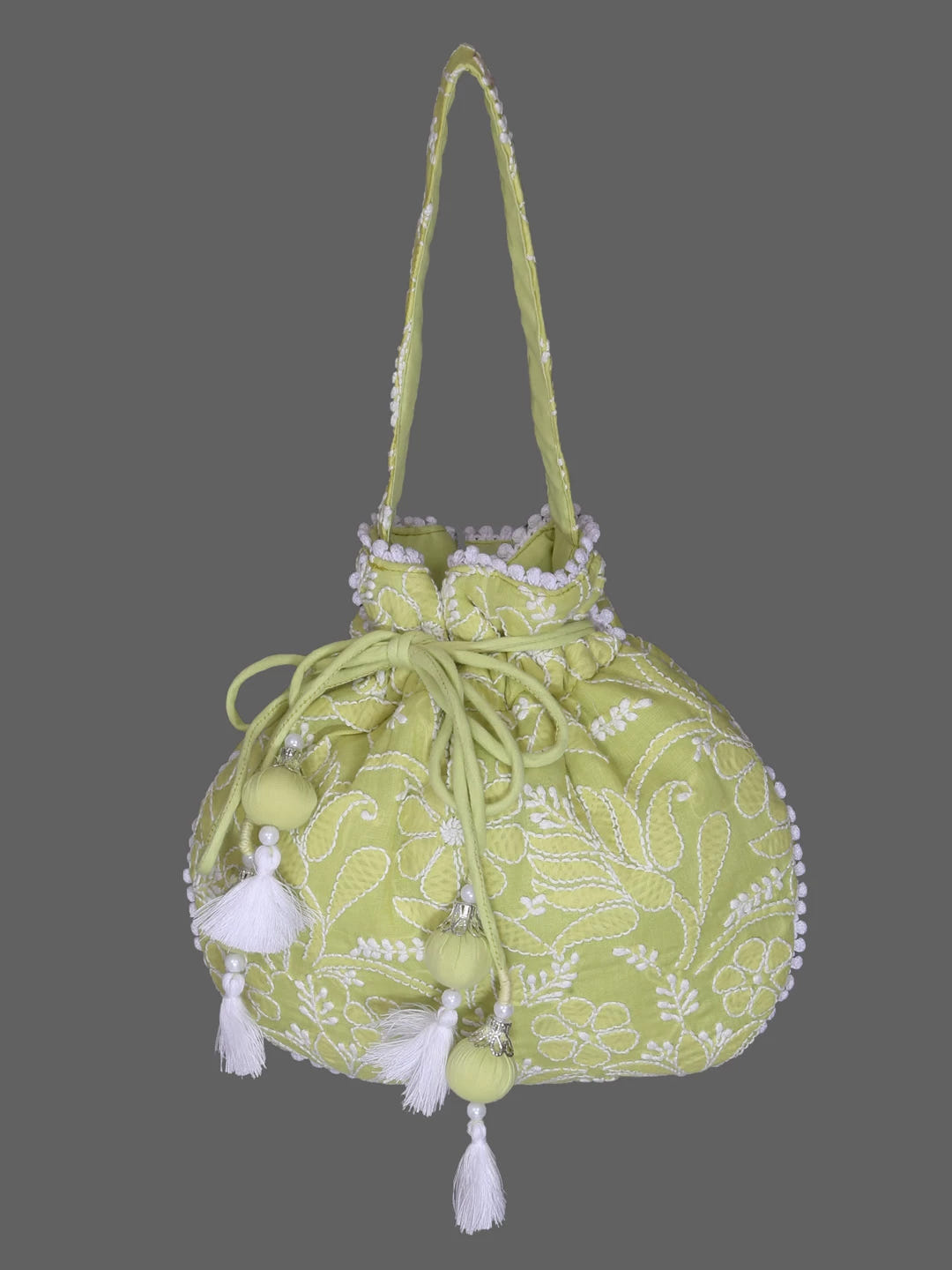 Ada Hand Embroidered Green Cotton Lucknowi Chikankari Potli Bag 01A381311