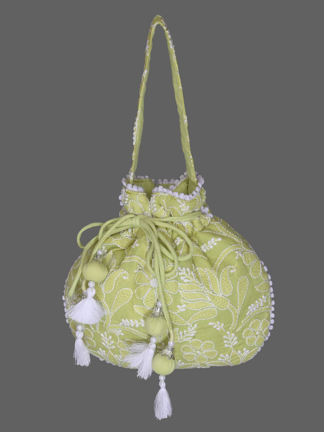 Ada Hand Embroidered Green Cotton Lucknowi Chikankari Potli Bag 01A381311