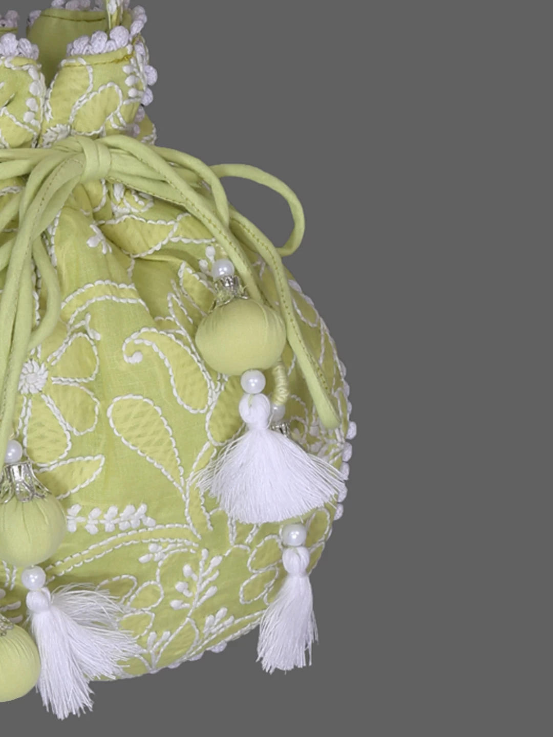 Ada Hand Embroidered Green Cotton Lucknowi Chikankari Potli Bag 01A381311