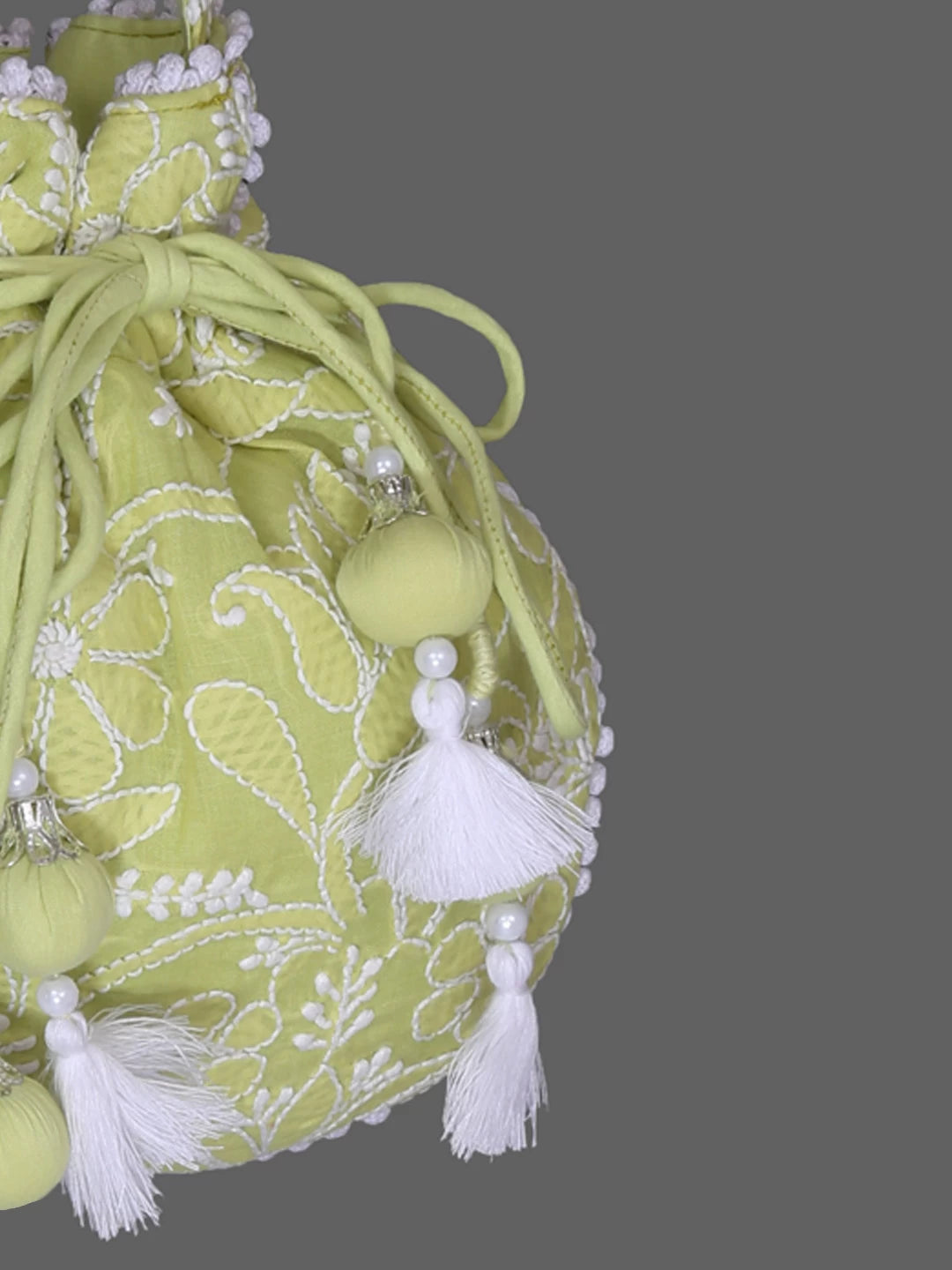 Ada Hand Embroidered Green Cotton Lucknowi Chikankari Potli Bag 01A381311