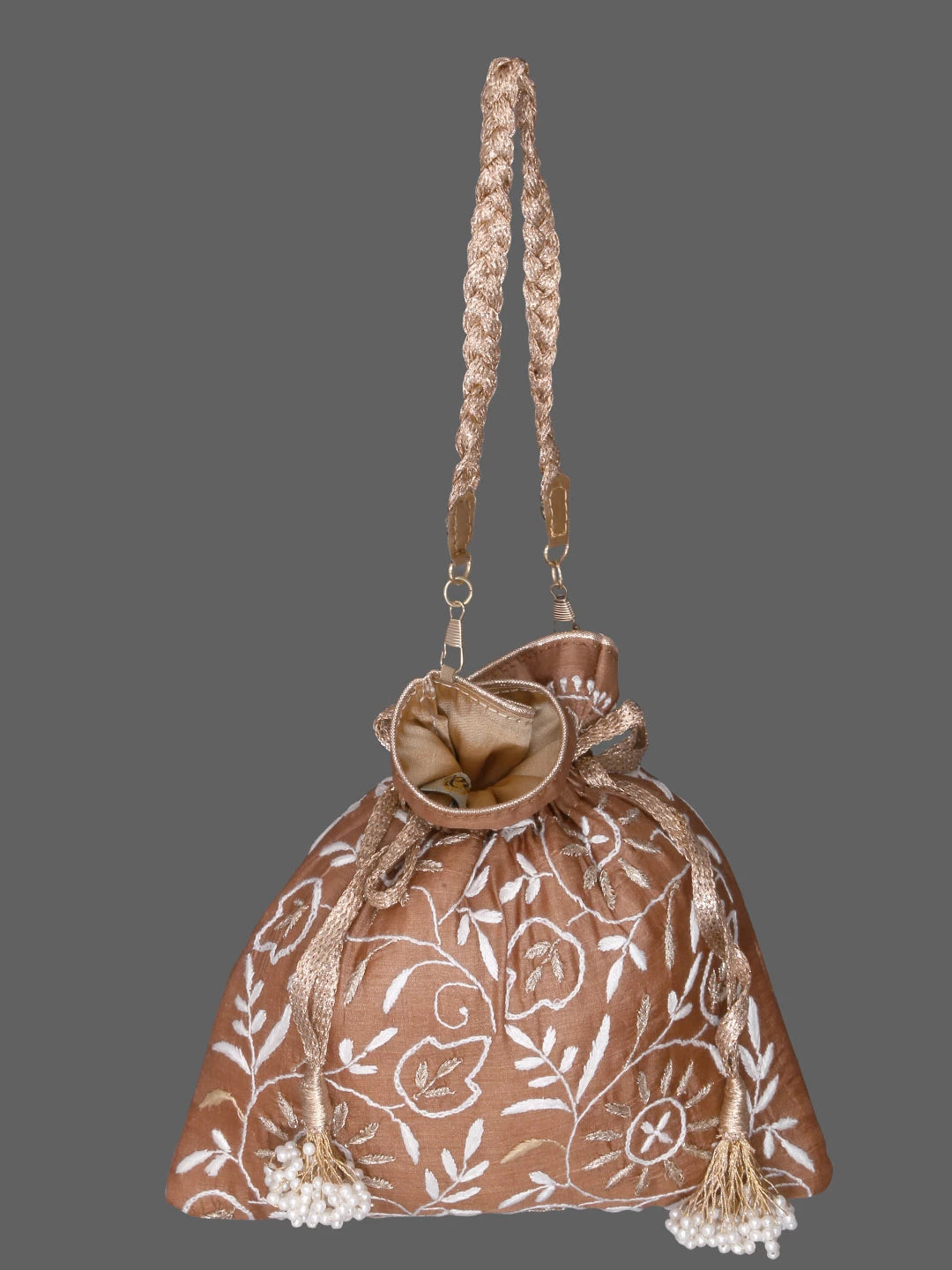 Ada Hand Embroidered Brown Silk Lucknowi Chikankari Potli Bag With Zari Work 01A378195