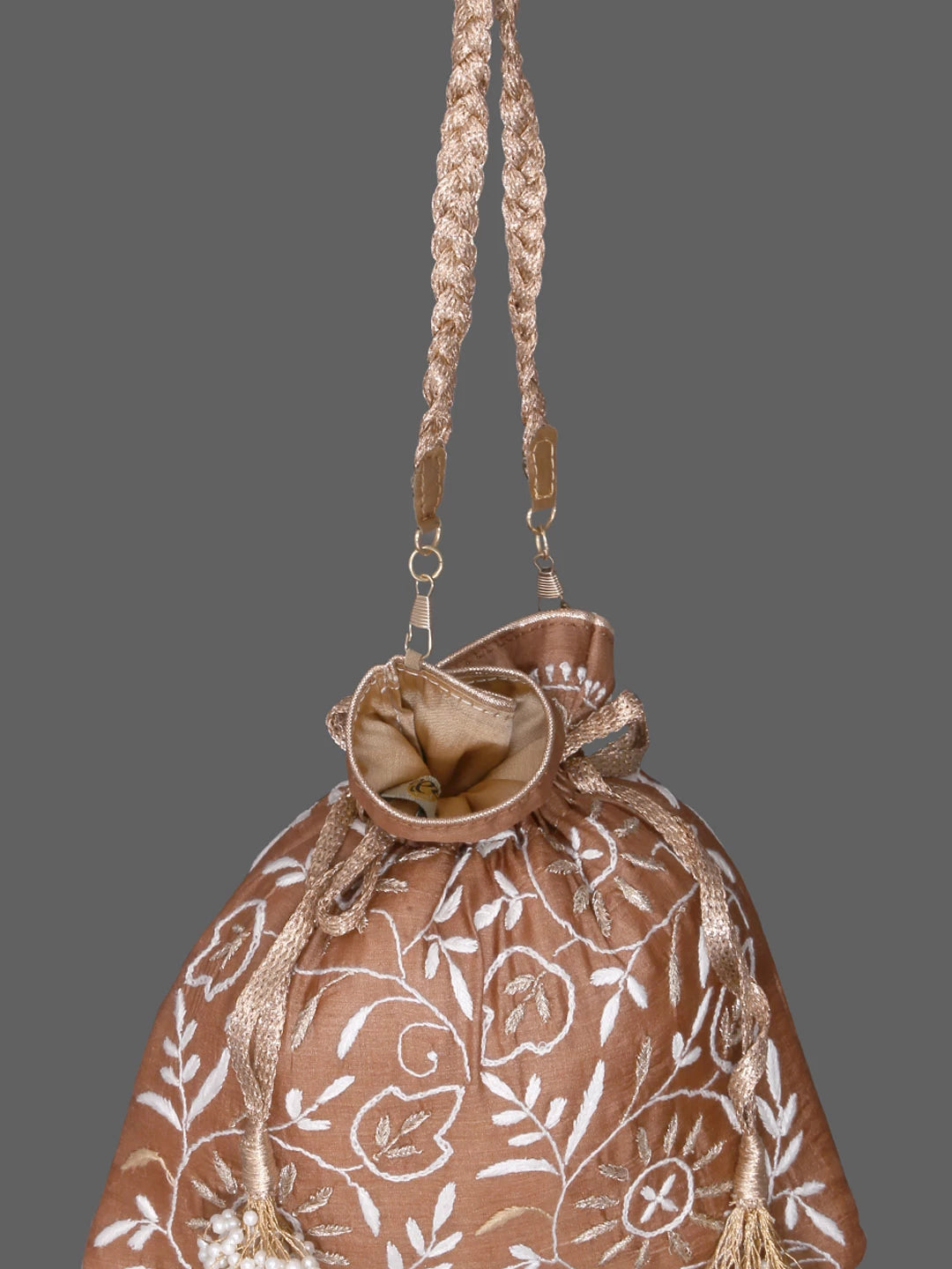 Ada Hand Embroidered Brown Silk Lucknowi Chikankari Potli Bag With Zari Work 01A378195