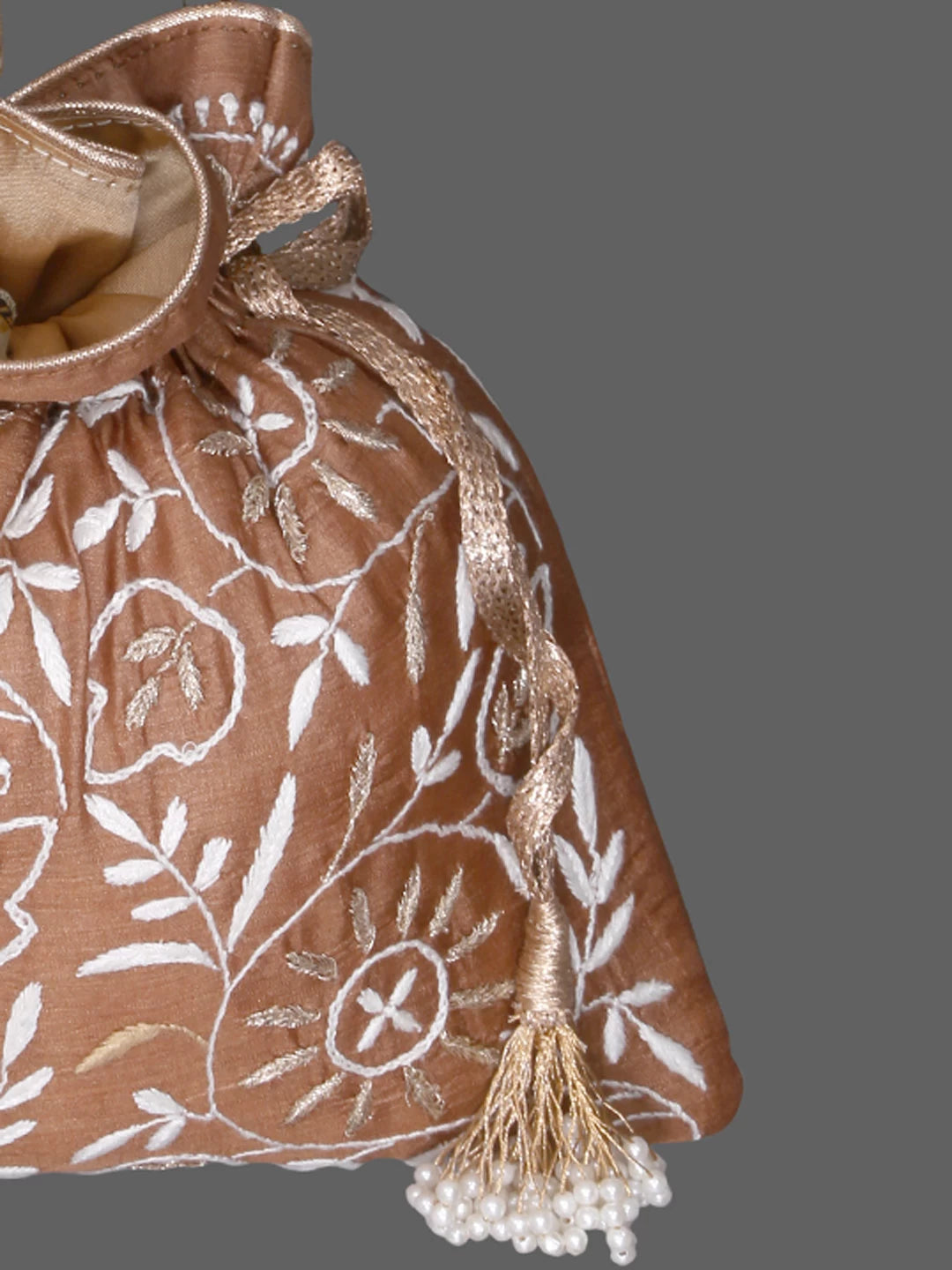Ada Hand Embroidered Brown Silk Lucknowi Chikankari Potli Bag With Zari Work 01A378195
