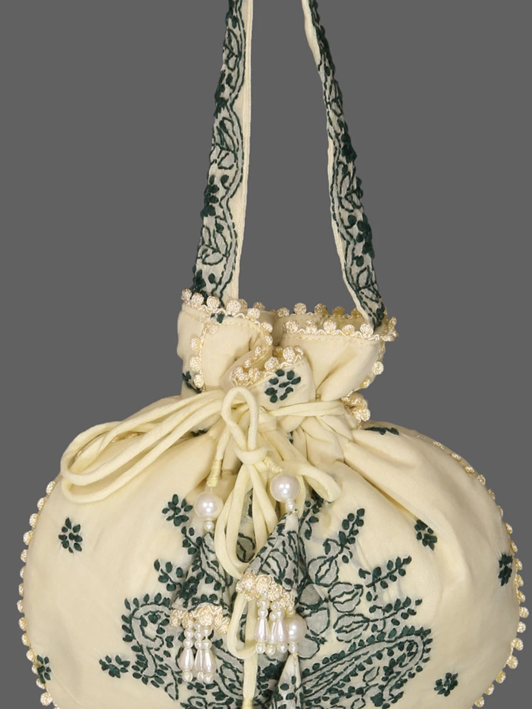 Ada Hand Embroidered Lemon Cotton Lucknowi Chikankari Potli Bag 01A381310