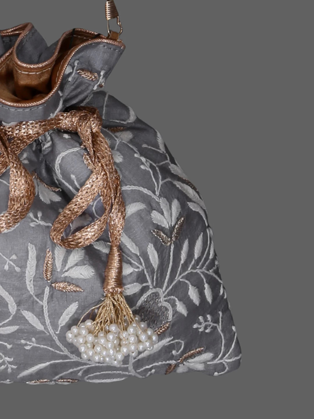 Ada Hand Embroidered Grey Silk Lucknowi Chikankari Potli Bag With Zari Work 01A381870