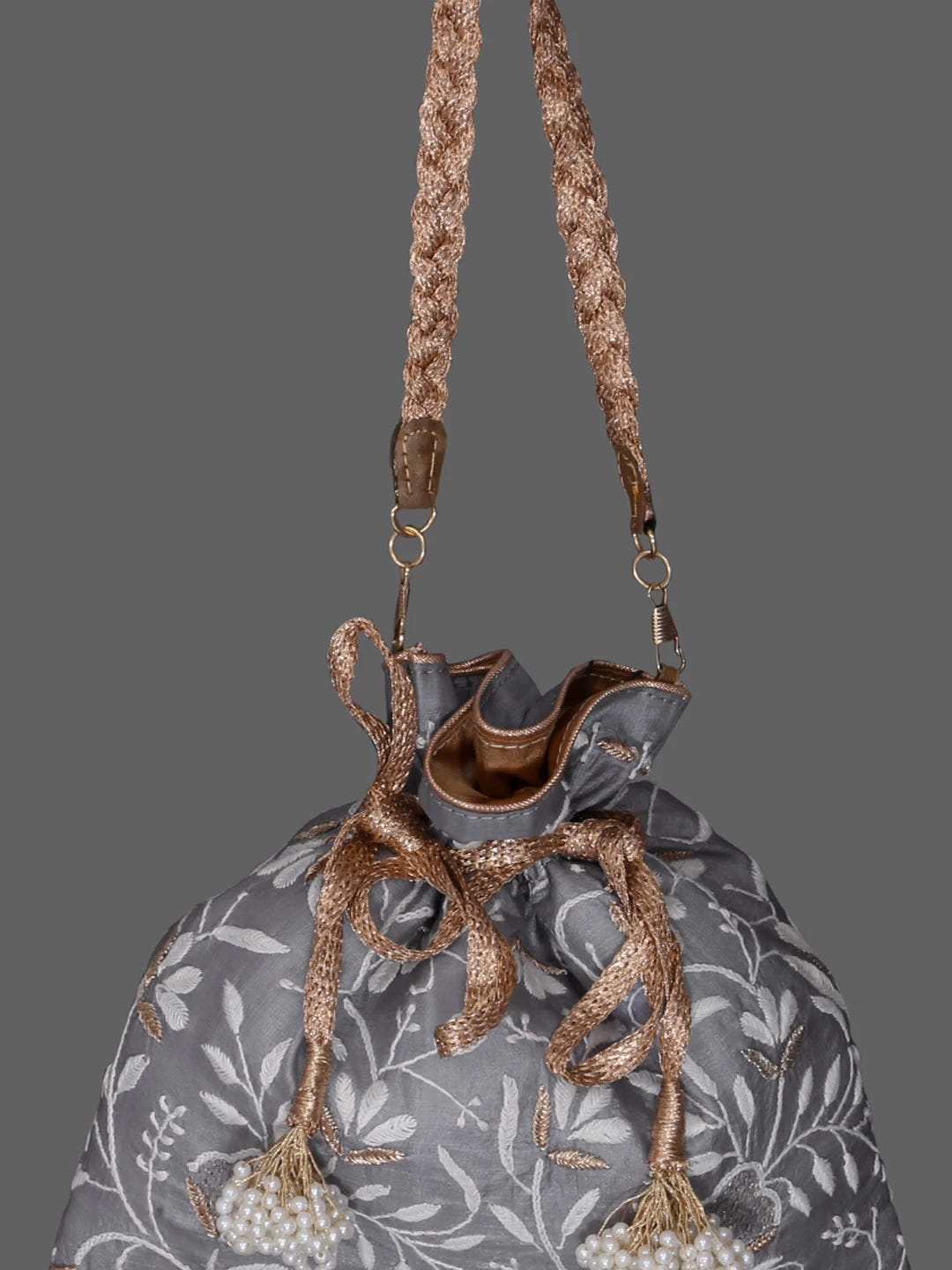 Ada Hand Embroidered Grey Silk Lucknowi Chikankari Potli Bag With Zari Work 01A381870